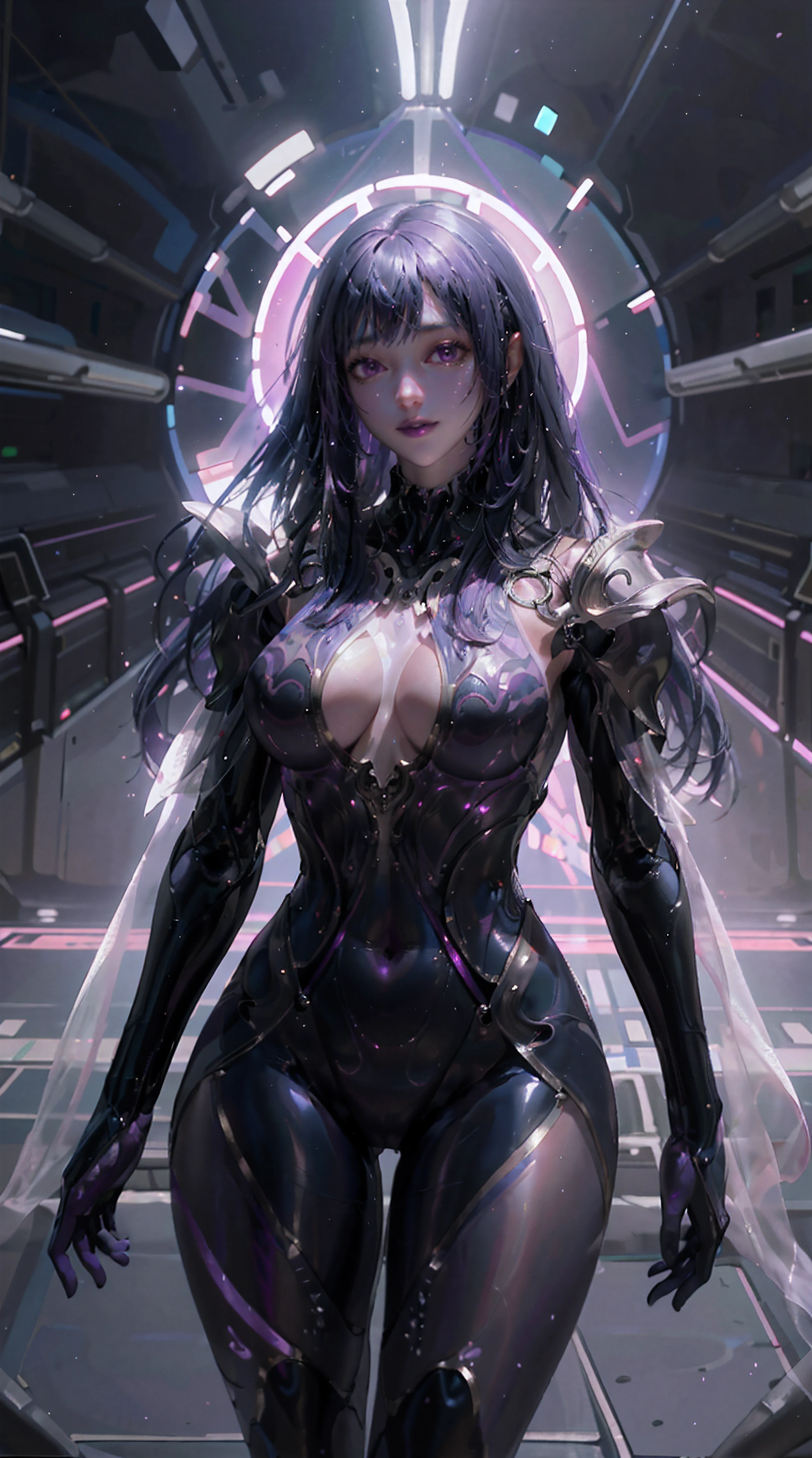 Allalyn in shiny purple suit standing on the floor, latex shiny, wearing atsuko kudo latex outfit, wearing tight suit, smooth purple skin, Purple body, shiny metallic glossy skin, shiny plastic, futuristic glossy latex suit, shiny plastic armor, shiny glossy skin, tight full body suit, Wearing latex, shiny and metallic, Glowing purple, Glossy,Cloak