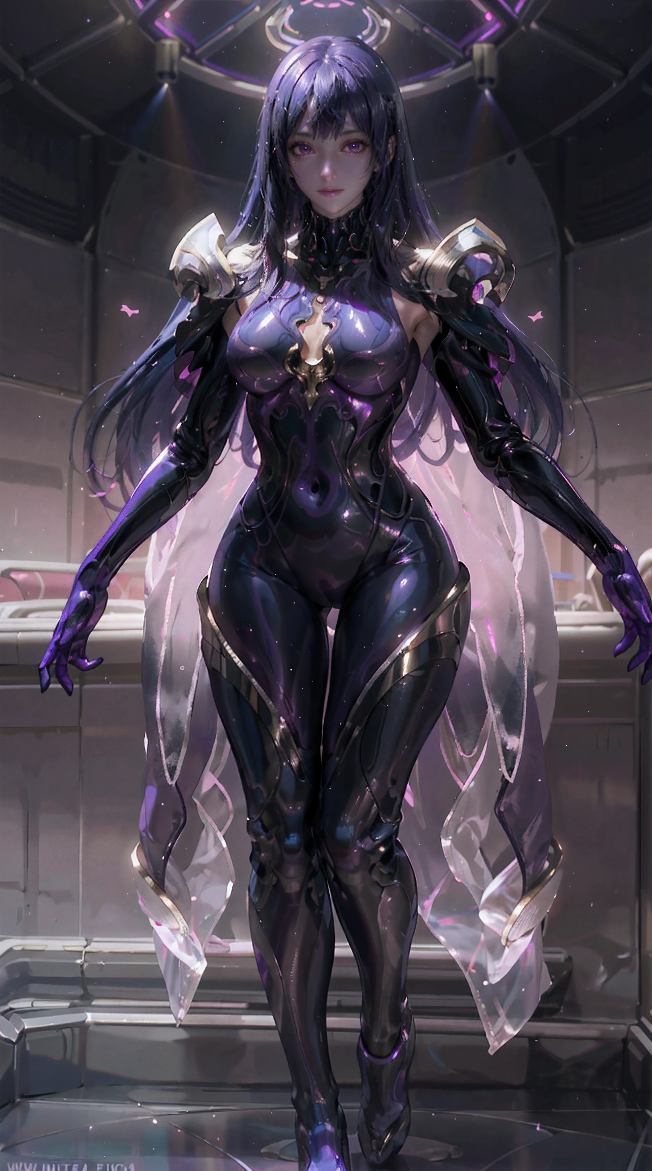 Allalyn in shiny purple suit standing on the floor, latex shiny, wearing atsuko kudo latex outfit, wearing tight suit, smooth purple skin, Purple body, shiny metallic glossy skin, shiny plastic, futuristic glossy latex suit, shiny plastic armor, shiny glossy skin, tight full body suit, Wearing latex, shiny and metallic, Glowing purple, Glossy,Cloak