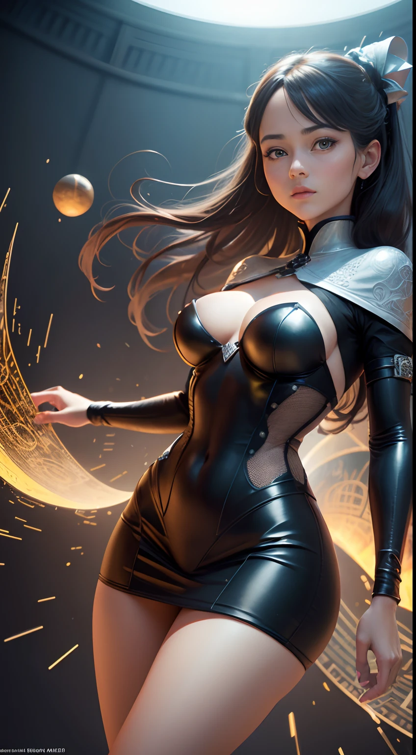 M C Escher, Mabel Attwell, Surreal, mysterious, bizarre, fantastical, fantasy, Sci-fi, Japanese anime, miniskirt beautiful girl Alice, perfect voluminous body, architectural adventure in the world of 3D geometry, vectors, trigonometric functions, exponents and pairs, Numbers, calculus, arc, equation of motion, force, energy and heat, Hertz and Pascal, gas, vibration, beauty and mathematics, helical force, morphology, hyper detailed masterpiece high resolution definition quality, depth of field, cinematic lighting, full colour