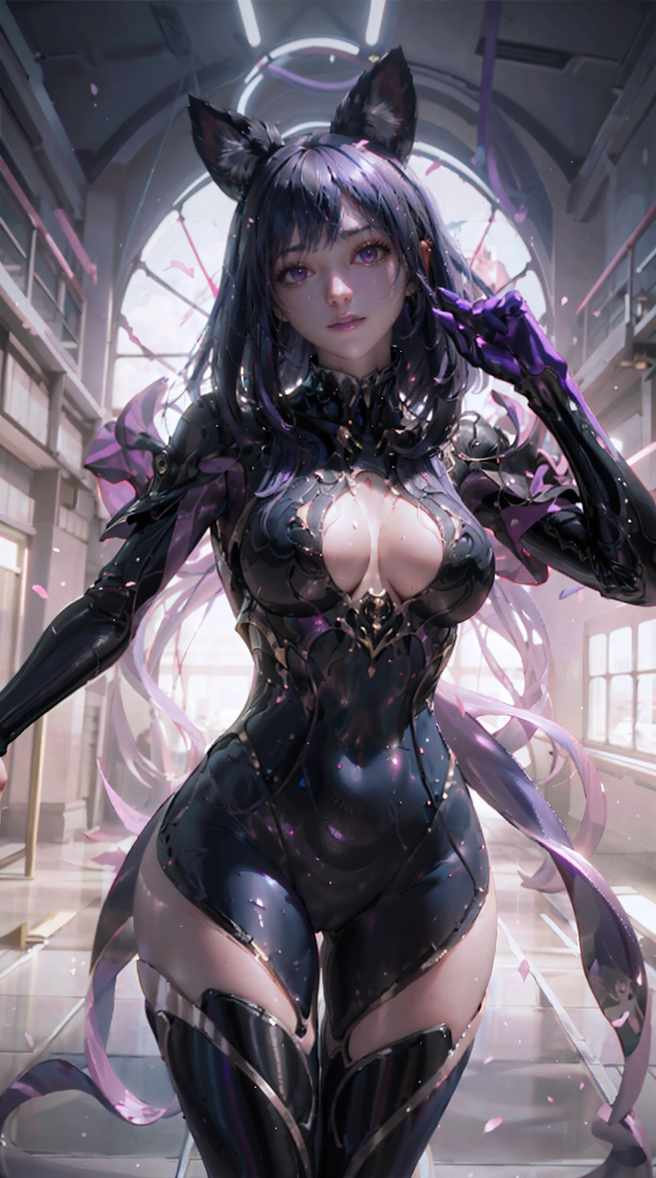 Allalyn in shiny purple cat suit standing on the floor, latex shiny, wearing atsuko kudo latex outfit, wearing tight suit, smooth purple skin, Purple body, shiny metallic glossy skin, shiny plastic, futuristic glossy latex suit, shiny plastic armor, shiny glossy skin, tight full body suit, Wearing latex, shiny and metallic, Glowing purple, Glossy　open one's legs　M-shaped legs　angry expressions　sullenness