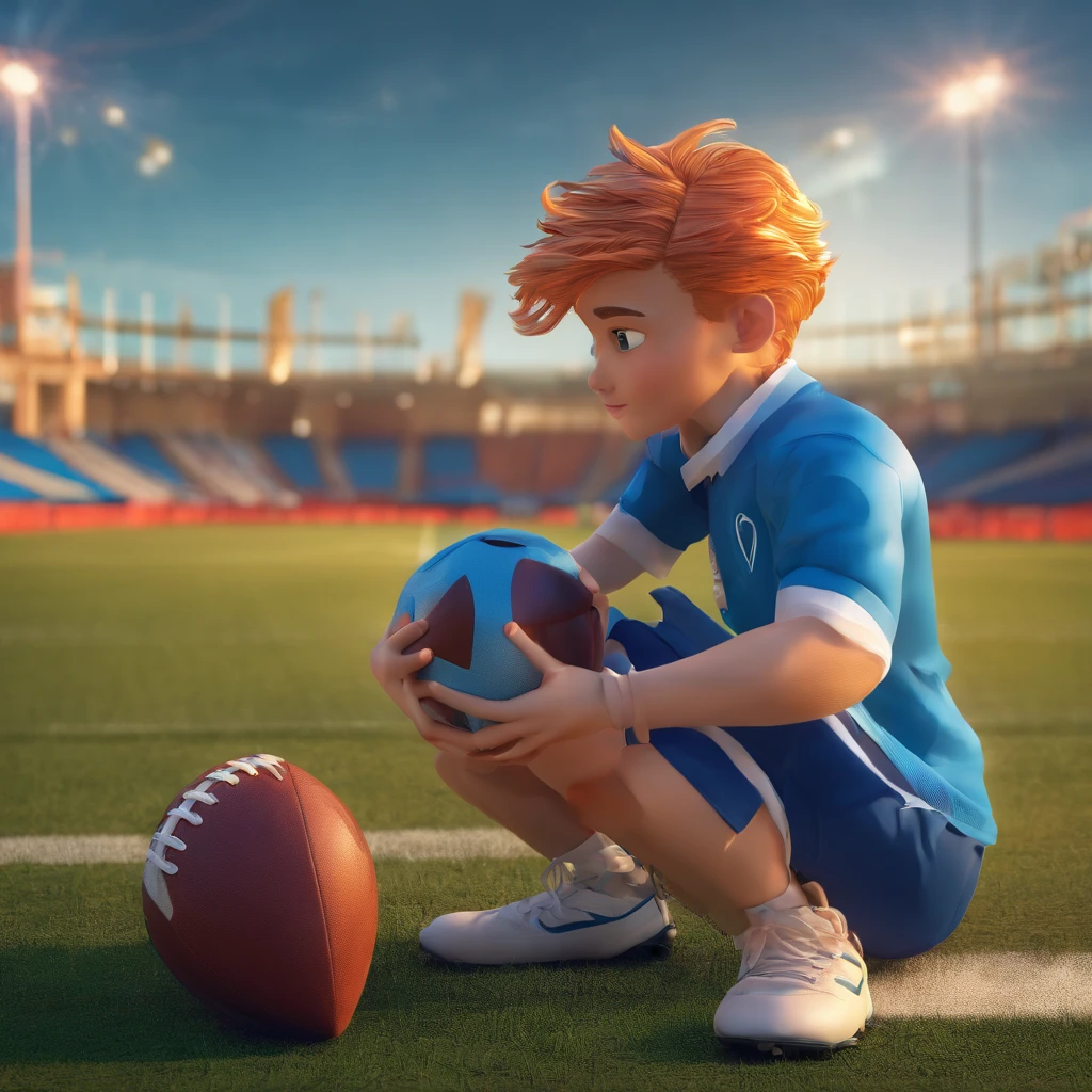 boy, dyed hair, making a heart symbol with his hands, blue shirt, long sleeves, on the football field