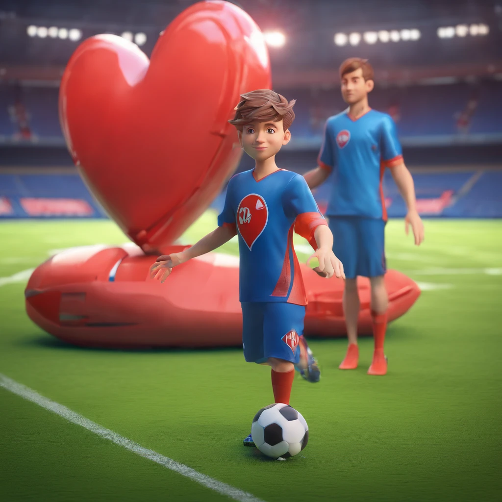 boy, dyed hair, making a heart symbol with his hands, blue shirt, long sleeves, on the football field