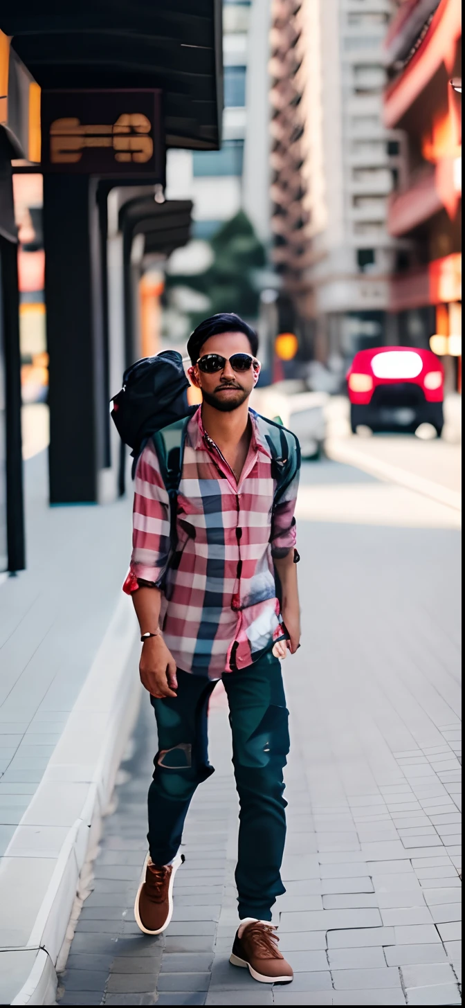 there is a man with a backpack and sunglasses walking down the street, candid picture, background blur, with accurate face, very very low quality picture, portait photo profile picture, without helmet, candid photo, with lovely look, full body in camera, very clear picture, around 1 9 , detailed unblurred face, edited in photoshop, very accurate photo