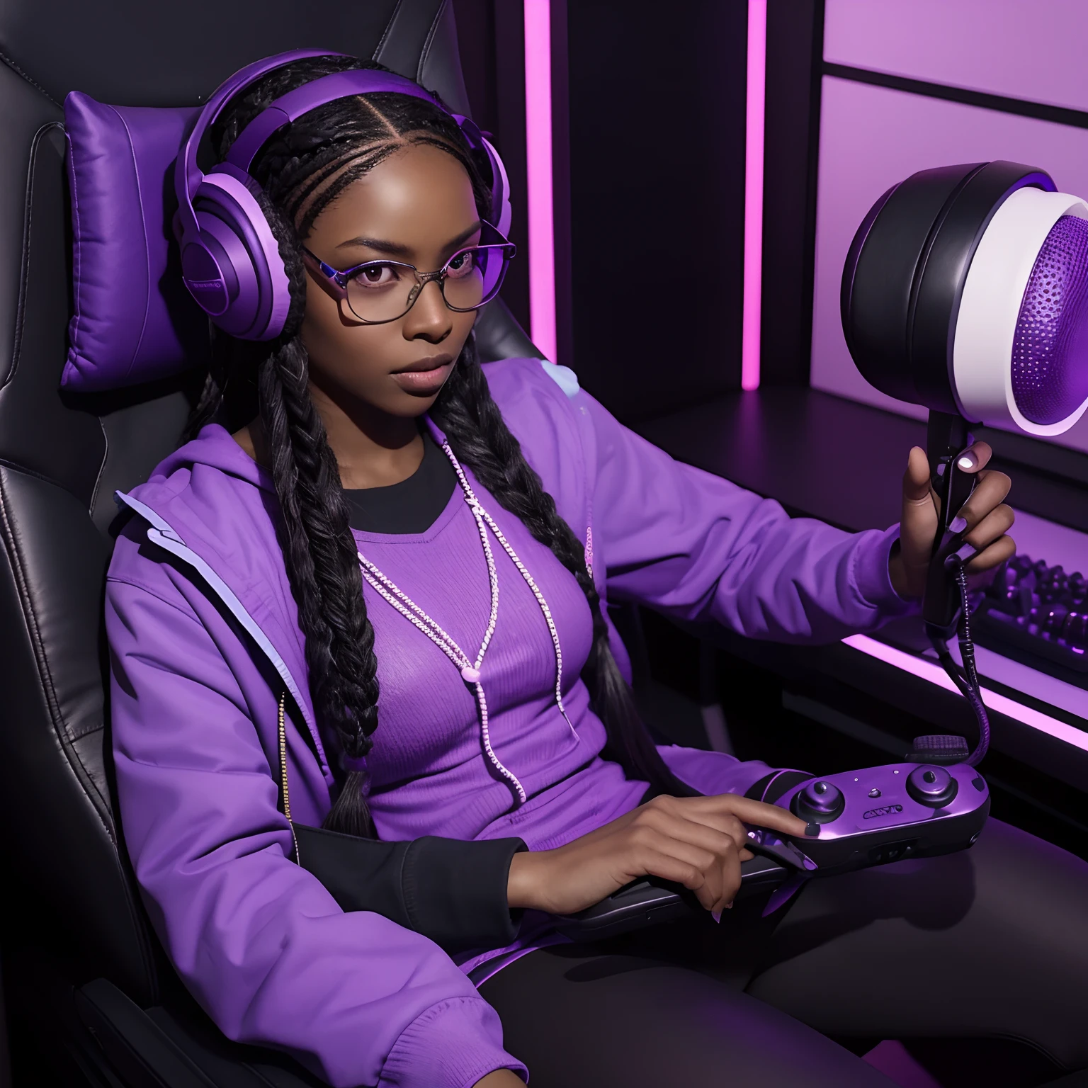 black girl, dark skinned woman, purple box braids, wearing glowing purple headphones with microphone,wearing bayonetta glasses, sitting in gaming chair, holding ps5 control playing a video game