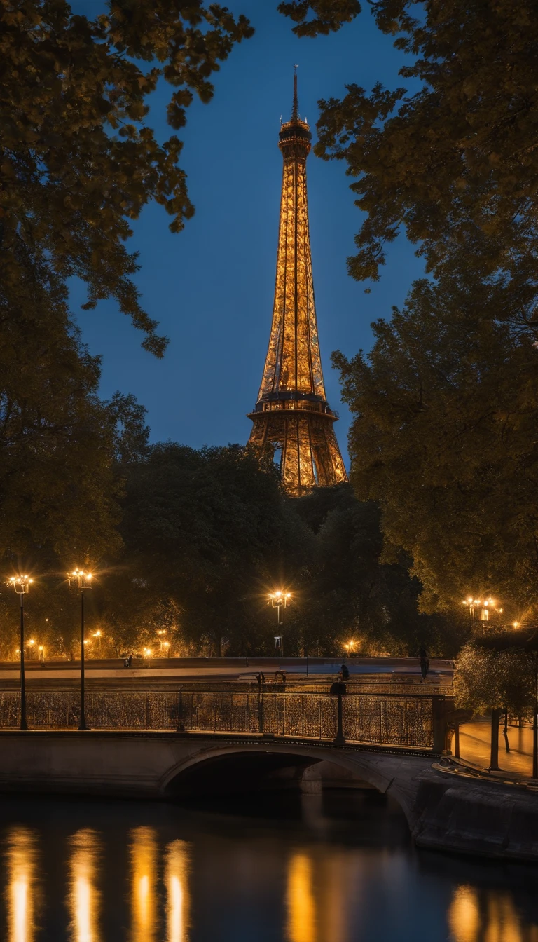 (best quality,4k,8k,Alto,master part:1.2),ultra-detalhado,Realistic,vista noturna,Torre Eiffel,Paris,iluminado,tourist attraction,water reflection,arquitetura,belas luzes,Romantic Atmosphere,cidade do amor,Iconic landmark,belas artes,fotografia,Monumento famoso,Cityscape,dramatic sky,cores vibrantes,ruas de paris,scenic view,Night scenery,Destino Europeu,fotografia de viagem,luzes brilhantes,aventura noturna,Memorable experience,paisagem encantada,site mundialmente famoso,charme noturno,beleza urbana,Romance noturno,iluminado,Design elegante,brilhante,artistic depiction,noite animada,Obra-prima moderna,romantic getaway,dreamlike environment,Magical Panorama,Noite Serena da Cidade,Torre de Luzes quero a imagem clareada