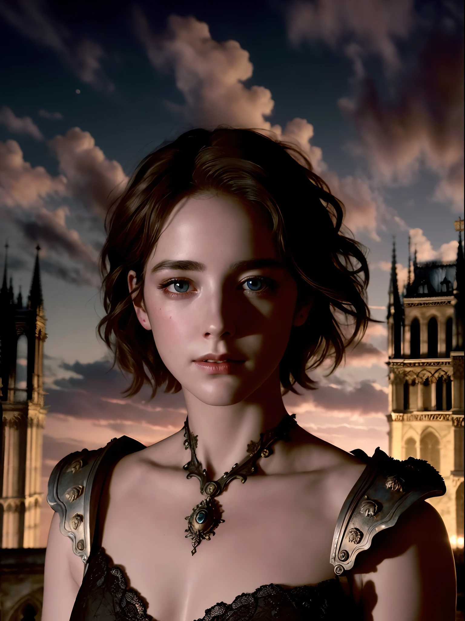 Masterpiece, Realistic, Photorealistic, Ultra Detailed, 8K, RAW photo, Depth of field, Realistic light, cinematic composition, Celestial landscape with clouds, nightfall, Depth of field, 35 mm, Soft steampunk aesthetic, Live Gargoyle, on the roof of Notre Dame Cathedral, full-length portrait, Short Hair Hair, fluttering in the wind, Smudge contour, Cute , pleasure, Depth of field, (focus: 1.2), Dark atmosphere, Cinematic lighting, Detailed face and skin texture, Historical style of the film, Faded colors