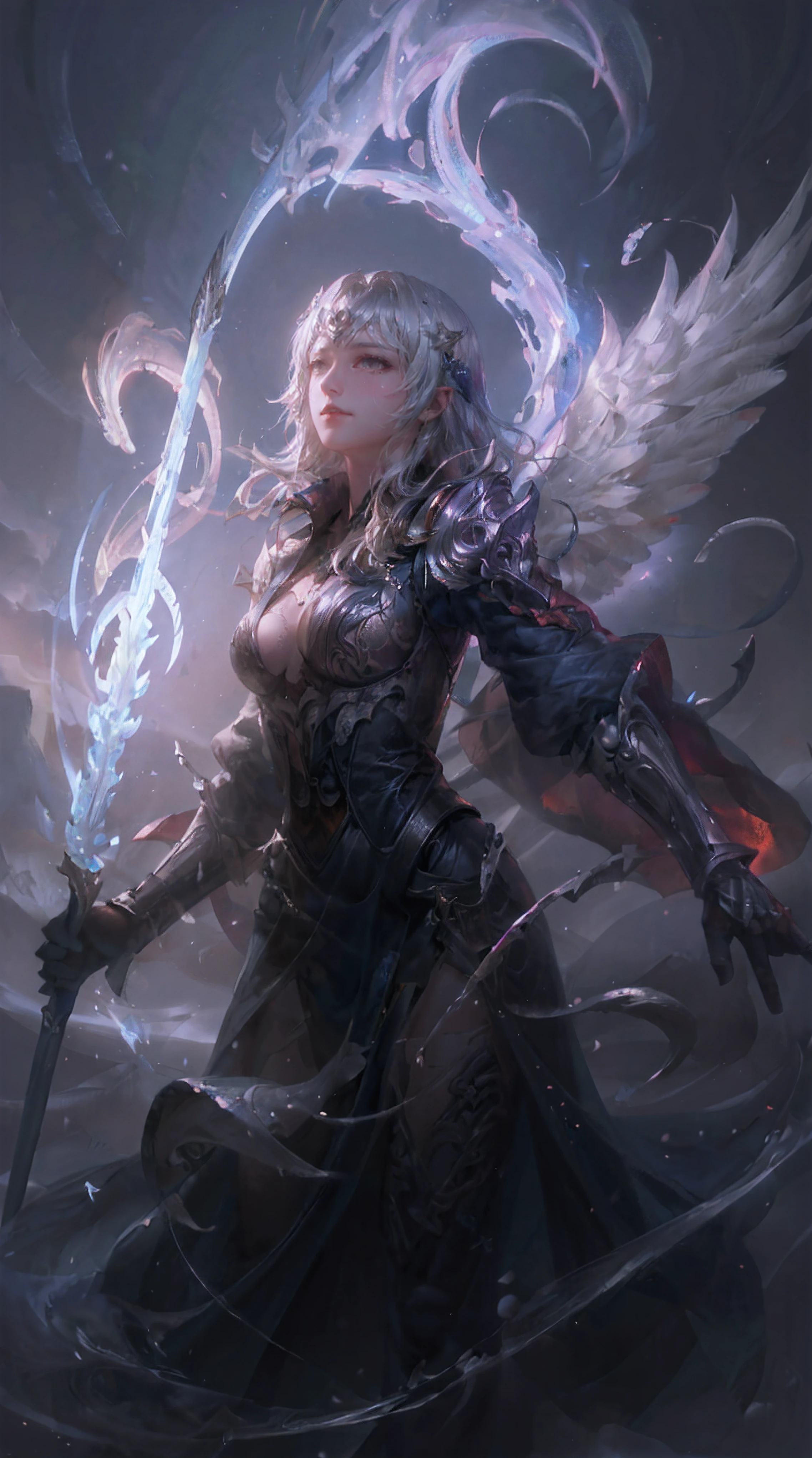 a close up of a woman with a sword and wings, extremely detailed artgerm, of beautiful angel, Flaming Sword, Magic Array, runic, charge, dynamicposes,dynamic viewing angle, Air particles, Ray traching,dingdall effect, Air ripples, deep dark background, Red clothes