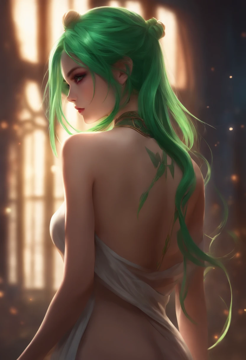 Nude anime girl with green hair holding a saber , view from behind, long hair, hair in a bun,