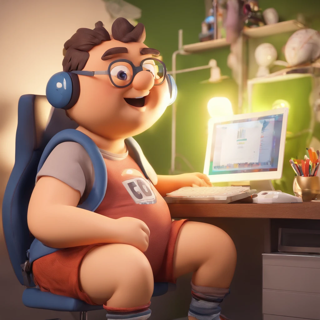 chubby, wearing shorts, in front of a computer, sun on his face