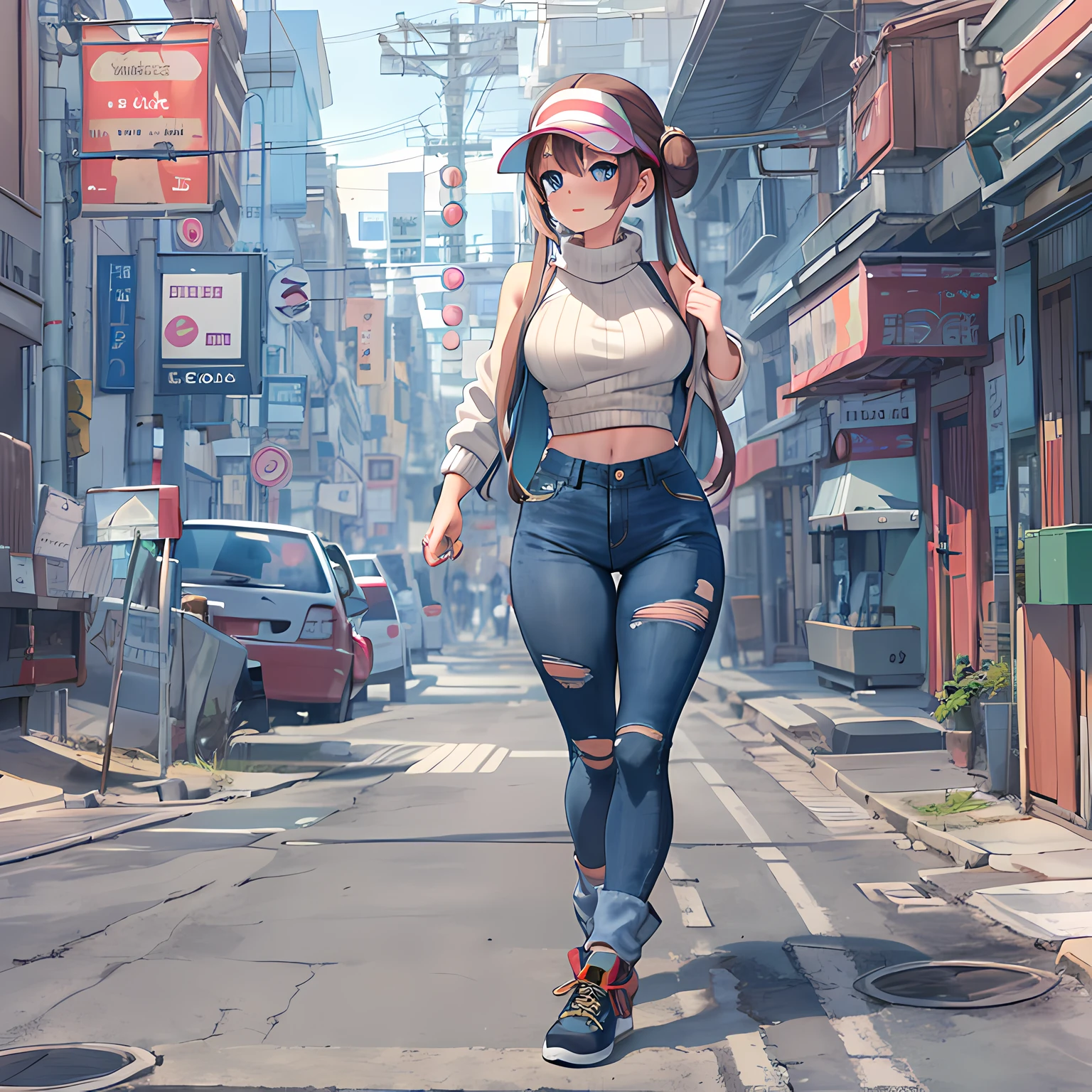masterpiece, best quality, highres, ro1, hair bun, blue eyes, twintails, visor cap, turtleneck sweater, sleeveless, midriff, torn legwear, jeans, street, standing, walking, large breasts, wide hips