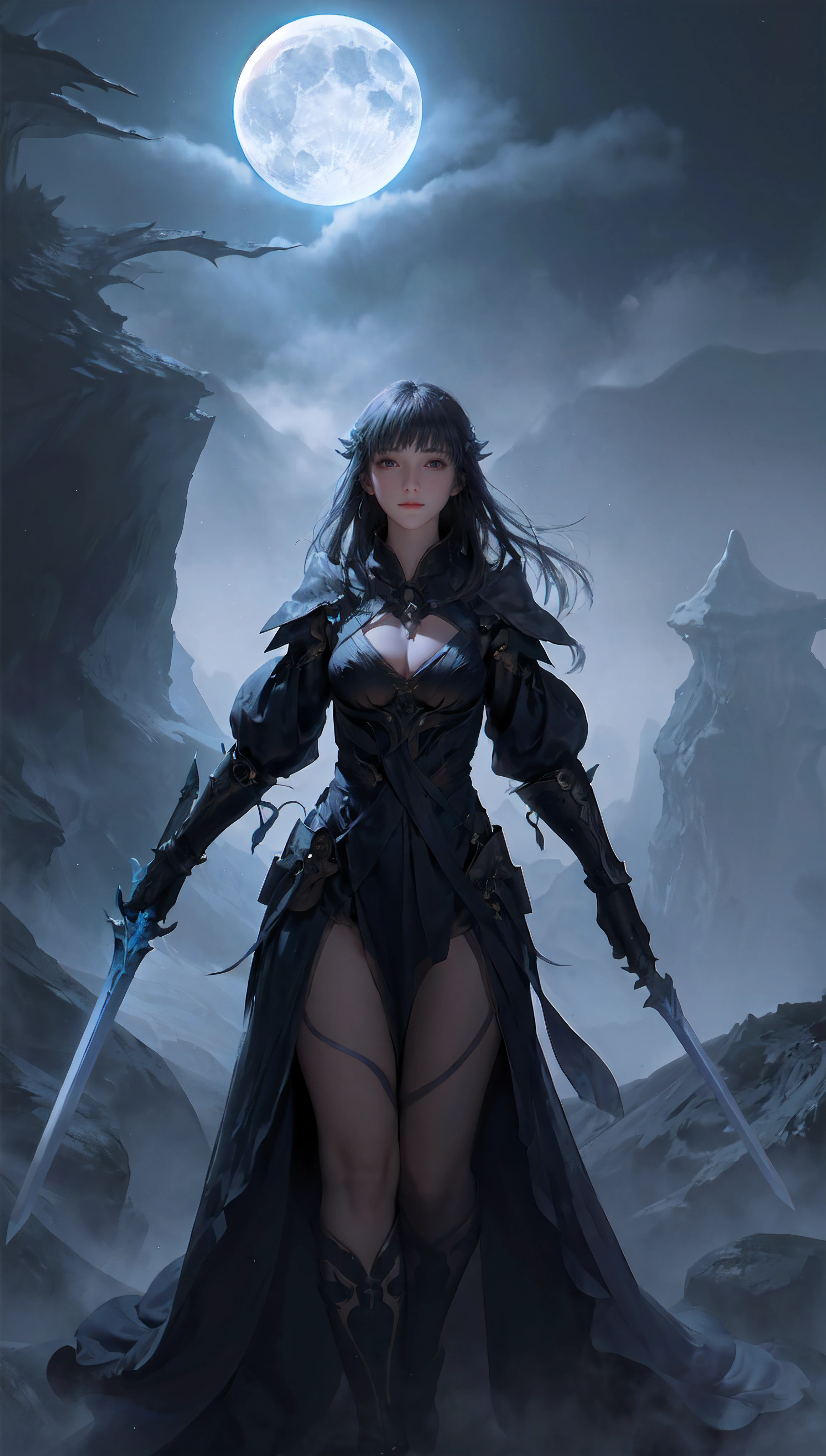 1 woman, mage, mountain top, at night, standing, straight-on, moonlight, mysterious light, sword, dense forest, deep canyon.