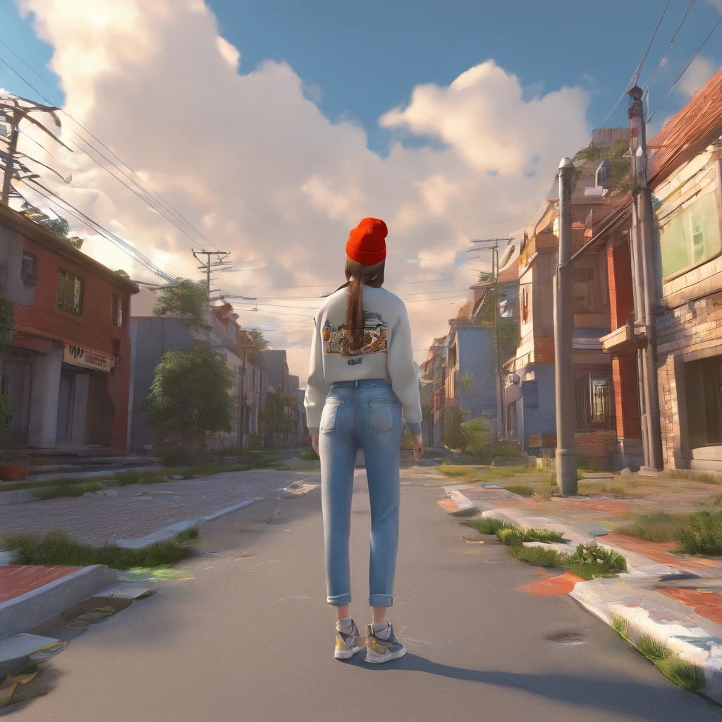masterpiece, best quality, 1girl, walking on sidewalk, hip hop woman, baggy pants, retro, suburban, suburbia, 1990s, white beanie, outdoor, laid-back, puddles, drain, rebellious, bedraggled, ((graffiti)), ((trash)), dirt lying around, leaves, ((broken concrete)), city, symmetric eyes, hands in pockets, clouds, overcast, detailed face,
