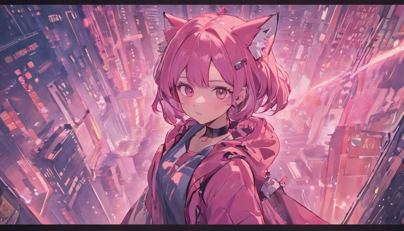 Mature pink fox anthropomorphic,Elongated legs and ears,Look up at the camera,Cyberpunk costumes,Gray tone city street view background,Delicate face,Image sharpening,Scene sharpening,Character strokes,Detailed character drawing,Detailed scene drawing,Delicate face,depth of fields,Particle light effects,detail-rich,Aerial top-down shooting,32K