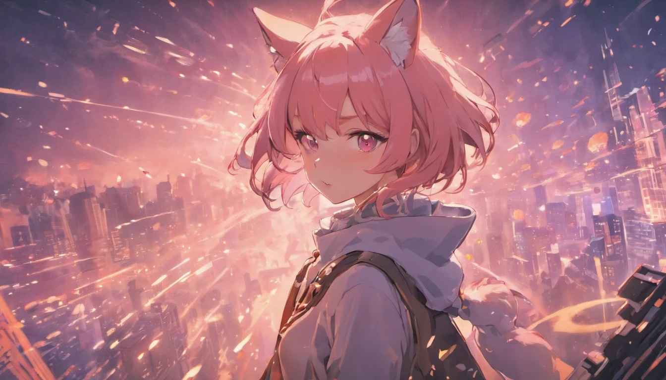 Mature pink fox anthropomorphic，Elongated legs and ears，Look up at the camera，Cyberpunk costumes，Gray tone city street view background，Delicate face，Image sharpening，Scene sharpening，Character strokes，Detailed character drawing，Detailed scene drawing，Delicate face，depth of fields，Particle light effects，detail-rich，Aerial top-down shooting，32K