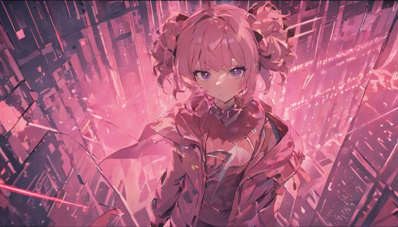 Mature pink fox anthropomorphic,Elongated legs and ears,Look up at the camera,Cyberpunk costumes,Gray tone city street view background,Delicate face,Image sharpening,Scene sharpening,Character strokes,Detailed character drawing,Detailed scene drawing,Delicate face,depth of fields,Particle light effects,detail-rich,Aerial top-down shooting,32K