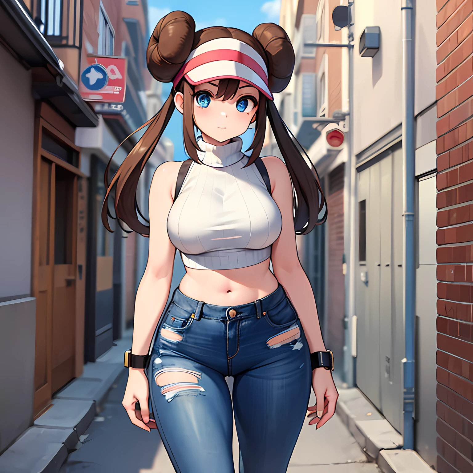 masterpiece, best quality, highres, ro1, hair bun, blue eyes, twintails, visor cap, turtleneck sweater, sleeveless, midriff, torn legwear, jeans, street, standing, walking, large breasts, wide hips