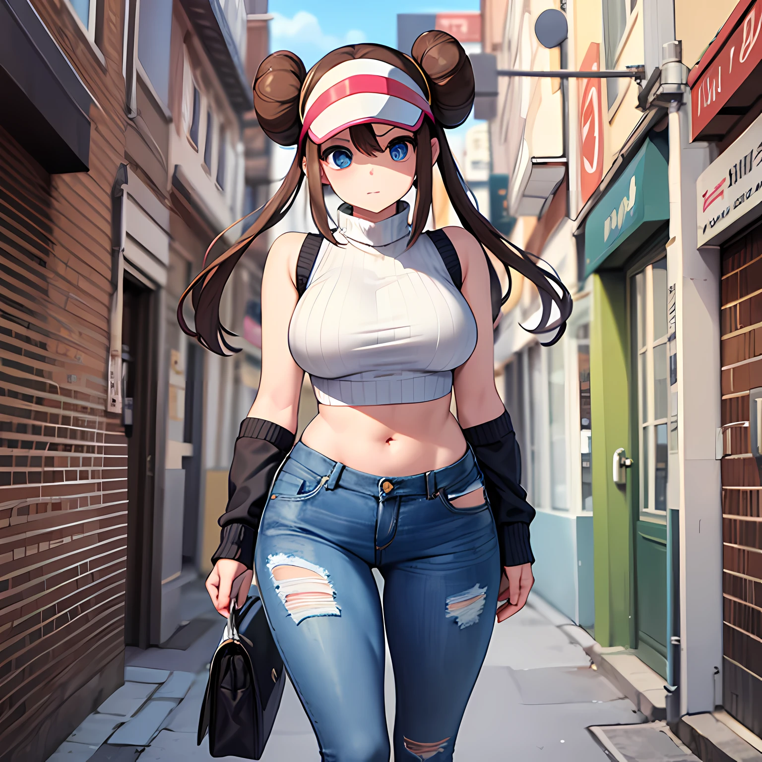 masterpiece, best quality, highres, ro1, hair bun, blue eyes, twintails, visor cap, turtleneck sweater, sleeveless, midriff, torn legwear, jeans, street, standing, walking, large breasts, wide hips