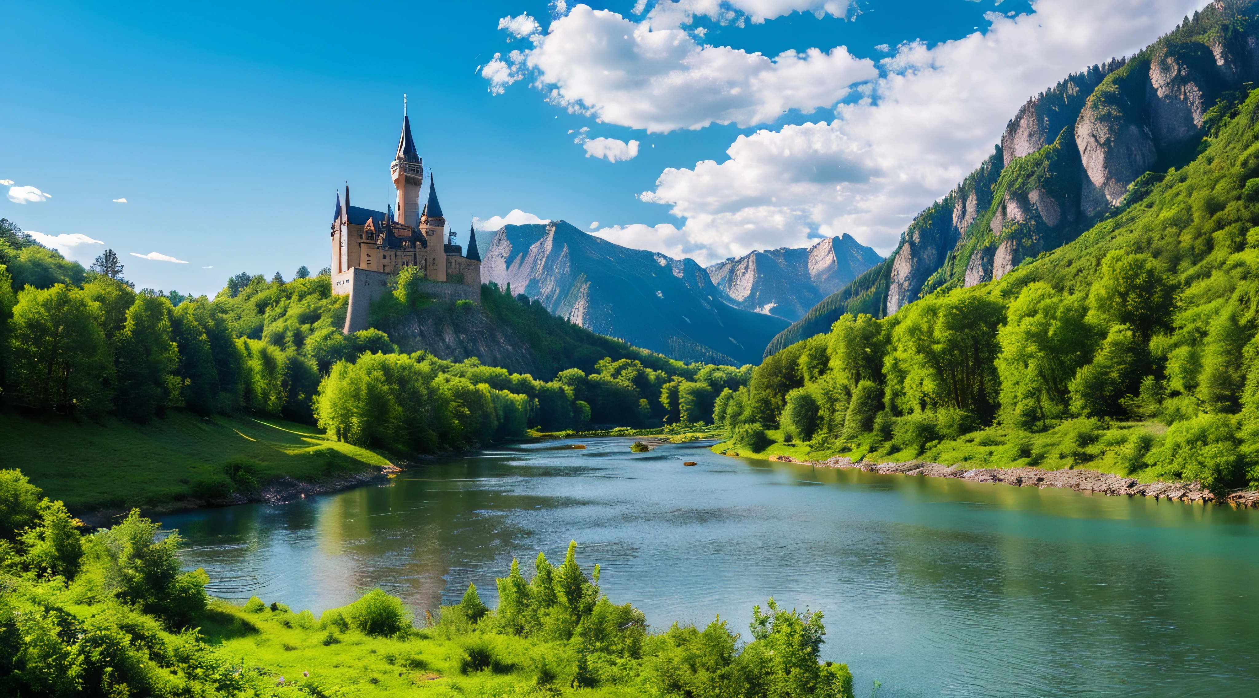 scenery. Castle in the mountains with tall spires and balconies, Calm River, Green forest with berry bushes, Fairytale Creatures
