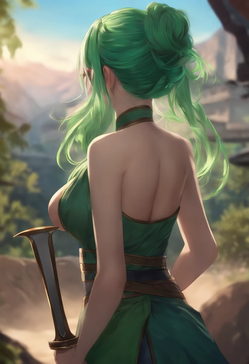 anime girl with green hair holding a saber , view from behind, long hair, hair in a bun, exposed breasts, big ass