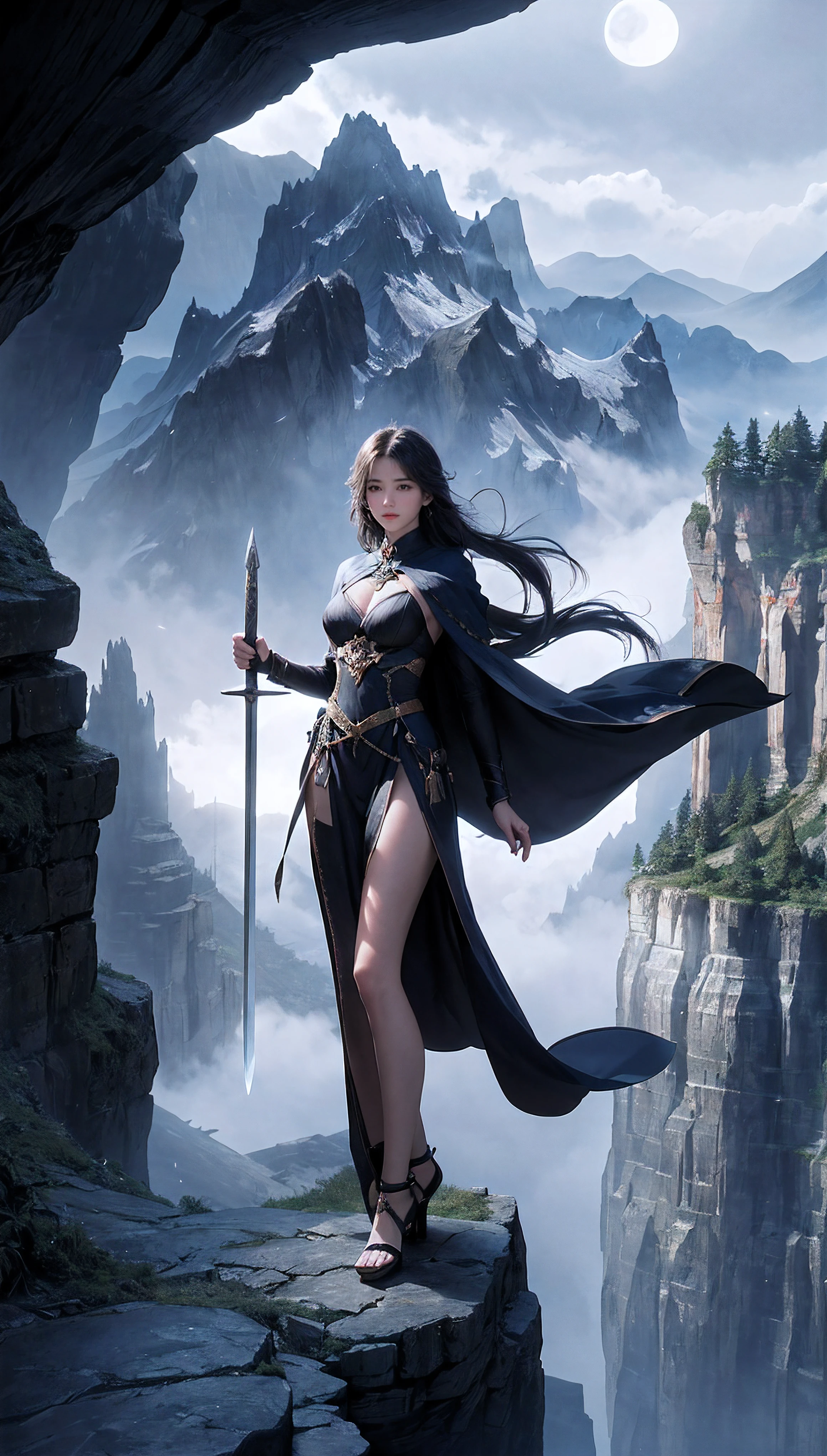 1 woman, mage, mountain top, at night, standing, straight-on, moonlight, mysterious light, sword, dense forest, deep canyon.