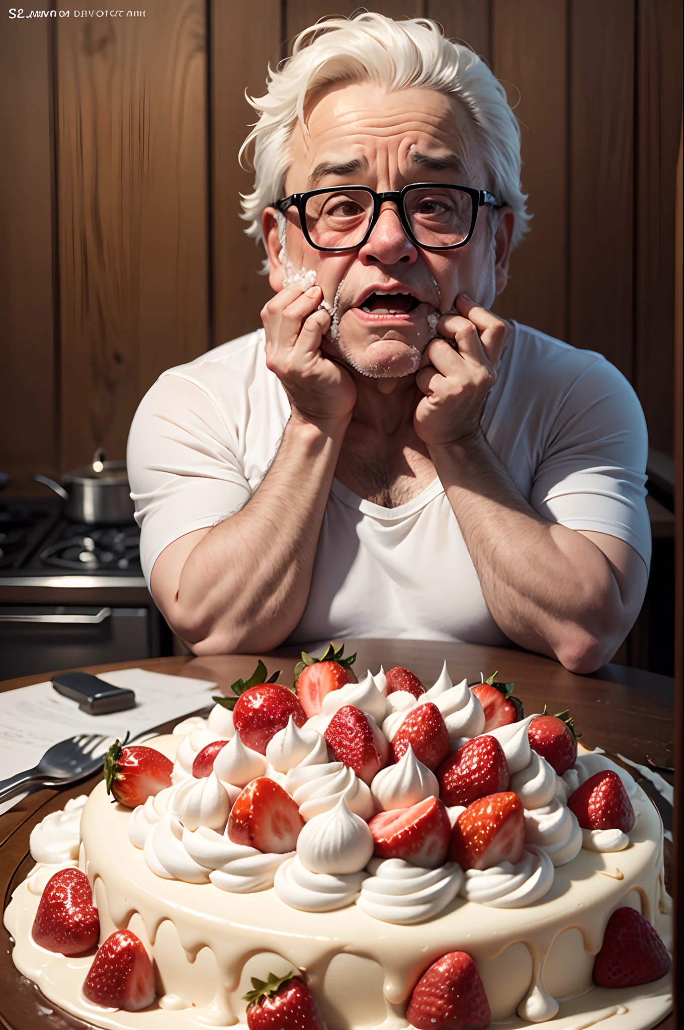 frightened Danny devito covered in whip cream and strawberries --auto --s2