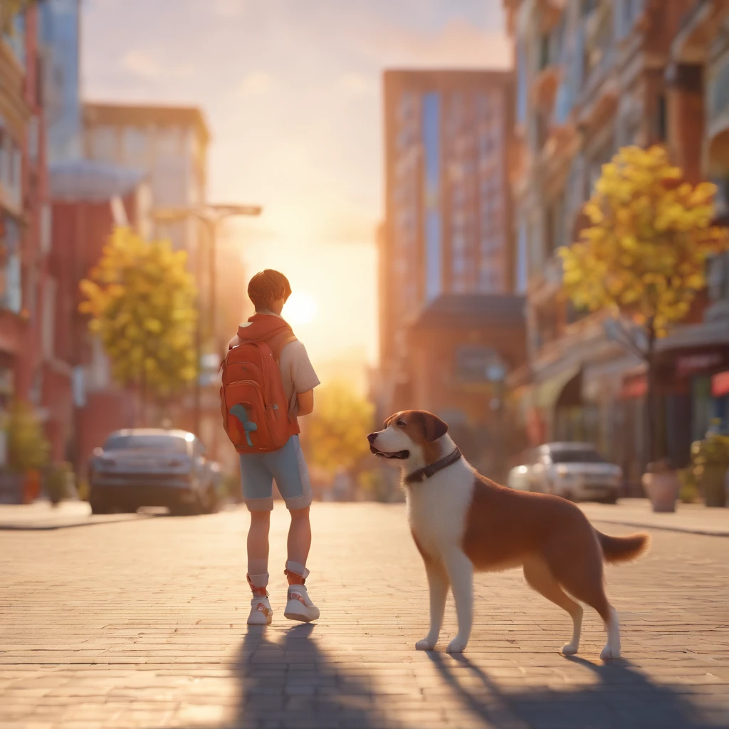 a teenager, and a dog, on the street, in the afternoon, near a shopping mall