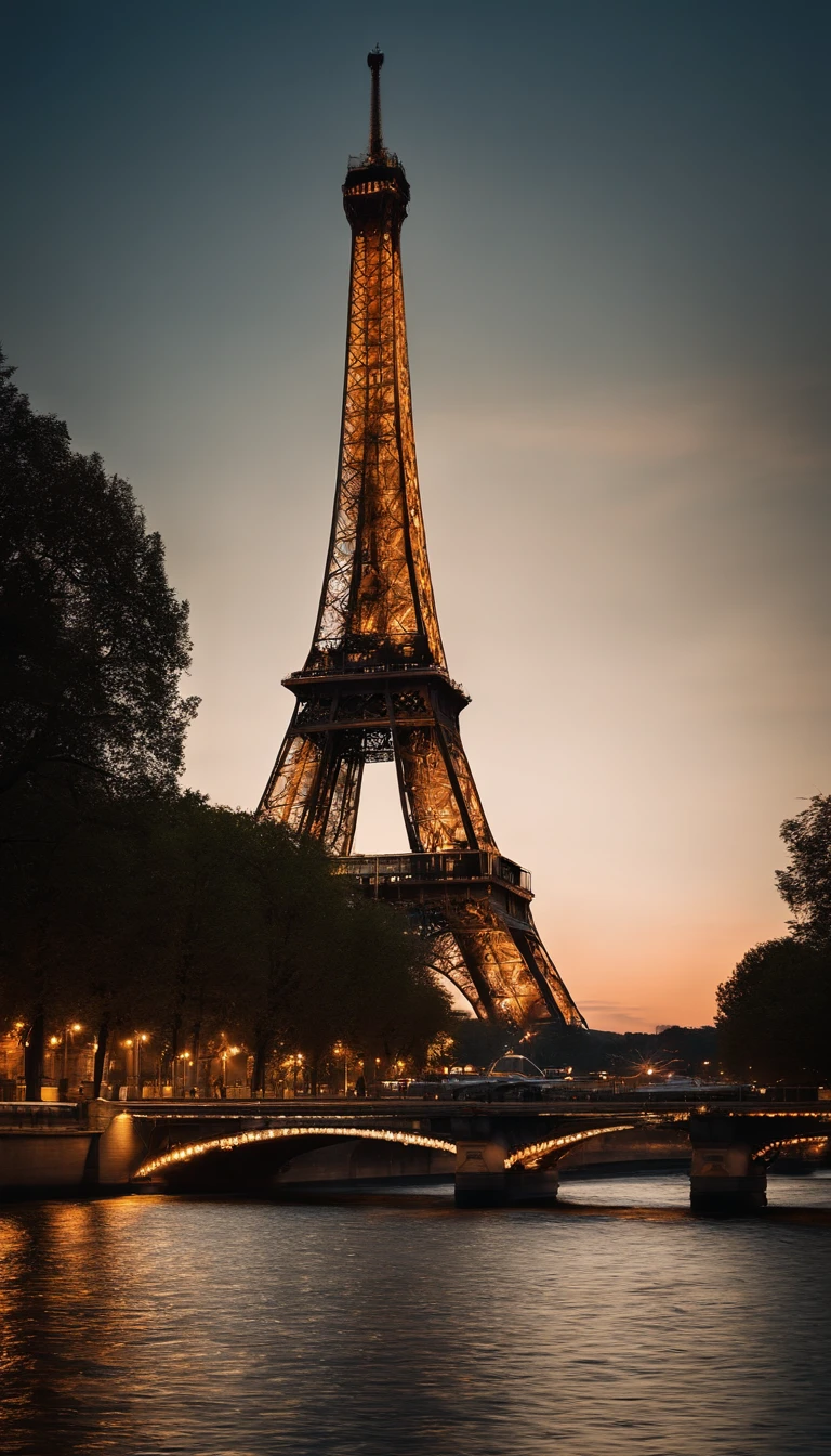 (best quality,4k,8k,Altas,master part:1.2),ultra-detalhado,Realistic,vista noturna,Torre Eiffel,Paris,iluminado,tourist attraction,water reflection,arquitetura,belas luzes,Romantic Atmosphere,Cidade do Amor,Iconic landmark,Belas Artes,fotografia,monumento famoso,Cityscape,dramatic sky,cores vibrantes,ruas de Paris,scenic view,Night scenery,Destino Europeu,fotografia de viagem,luzes brilhantes,aventura noturna,Memorable experience,paisagem encantada,site mundialmente famoso,charme noturno,beleza urbana,Romance noturno,iluminado,Design elegante,luminoso,artistic depiction,noite animada,Obra-prima moderna,romantic getaway,dreamlike environment,Magical Panorama,Noite Serena da Cidade,Torre de Luzes