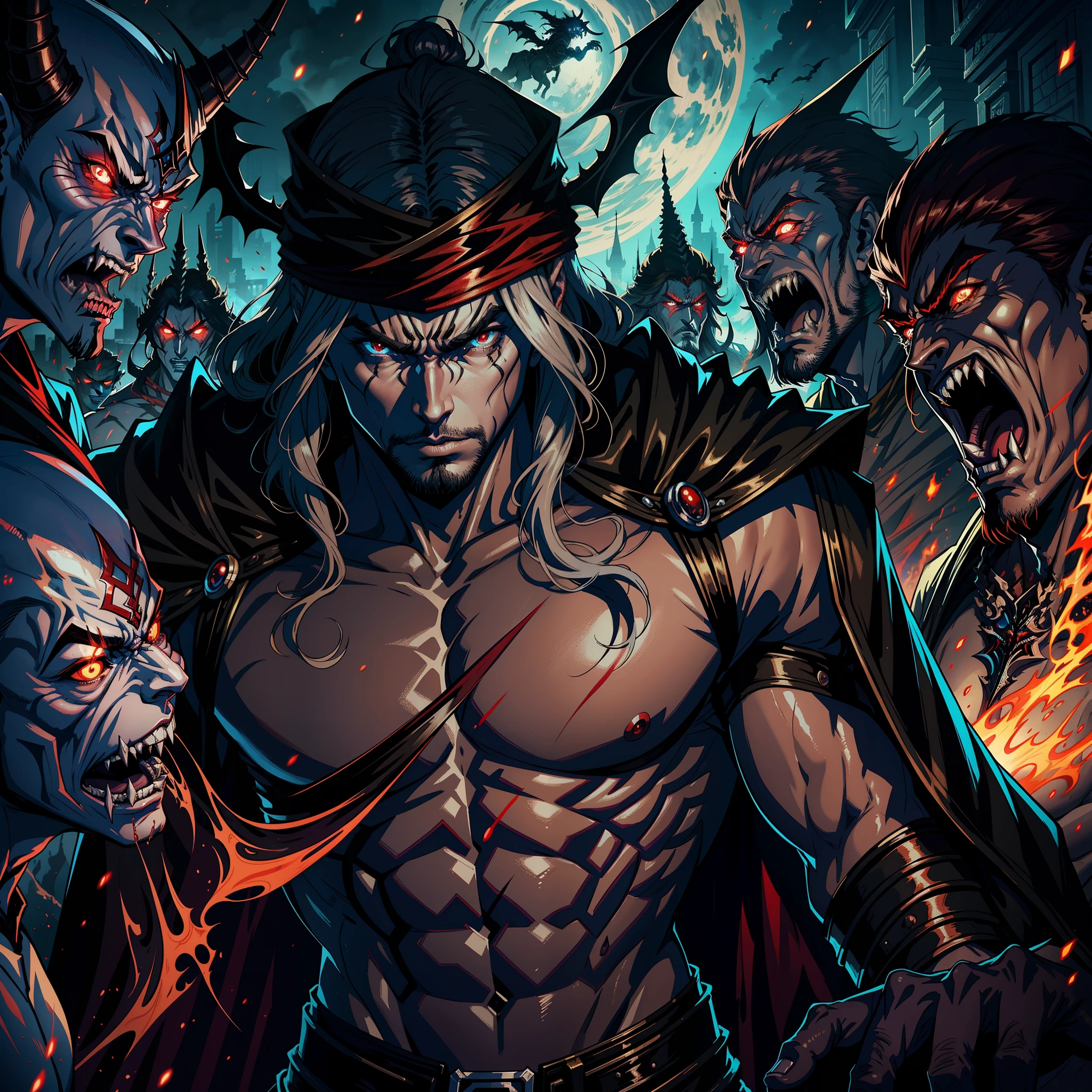 Castlevania Hyper Realistic Shadow Lord Super Detailed Dynamic Shot Master Piece of Lord Dracula Medieval Arab Warrior with Red Turban Scary Face Hokuto No Ken Structure Muscular Face Kenshiro Leading troops Army of demons to fight sharp details Cinematic Scenes Epic Movie Movie Hyper Realistic Legendary Movie Epic Movie Very Detailed Faces Dramatic Characters