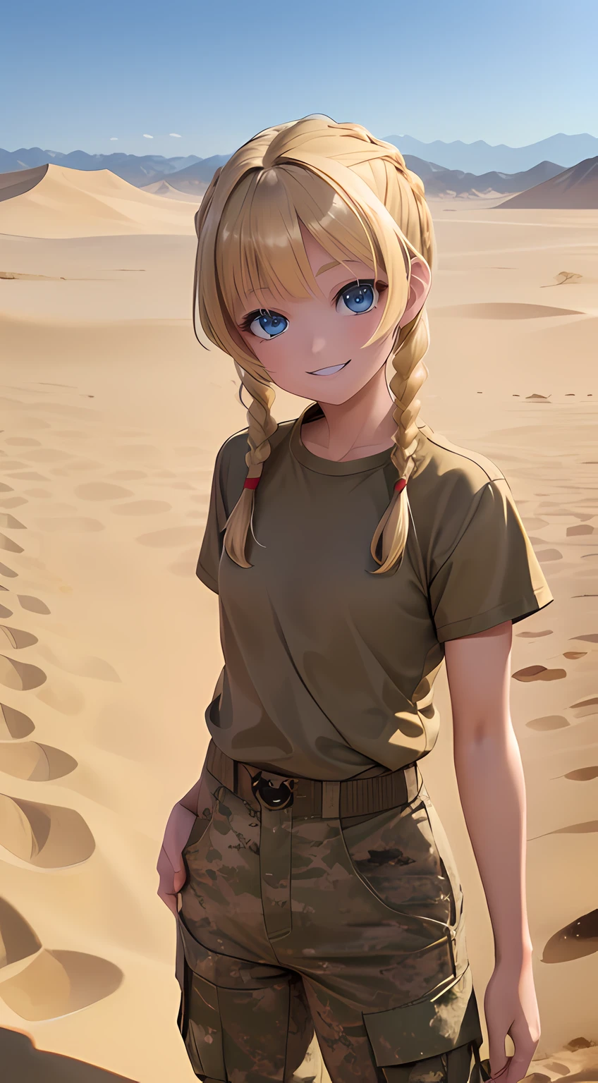 masterpiece, high quality, sand desert on background, (Military personnel:1.5)、(Desert Terrain:1.3), young girl, Smiling, Cute, blue eyes, blonde hair, Bangs hair, Hairstyle with 2 braids, looking up at the camera, Military camouflage pants, Brown-beige T-shirt