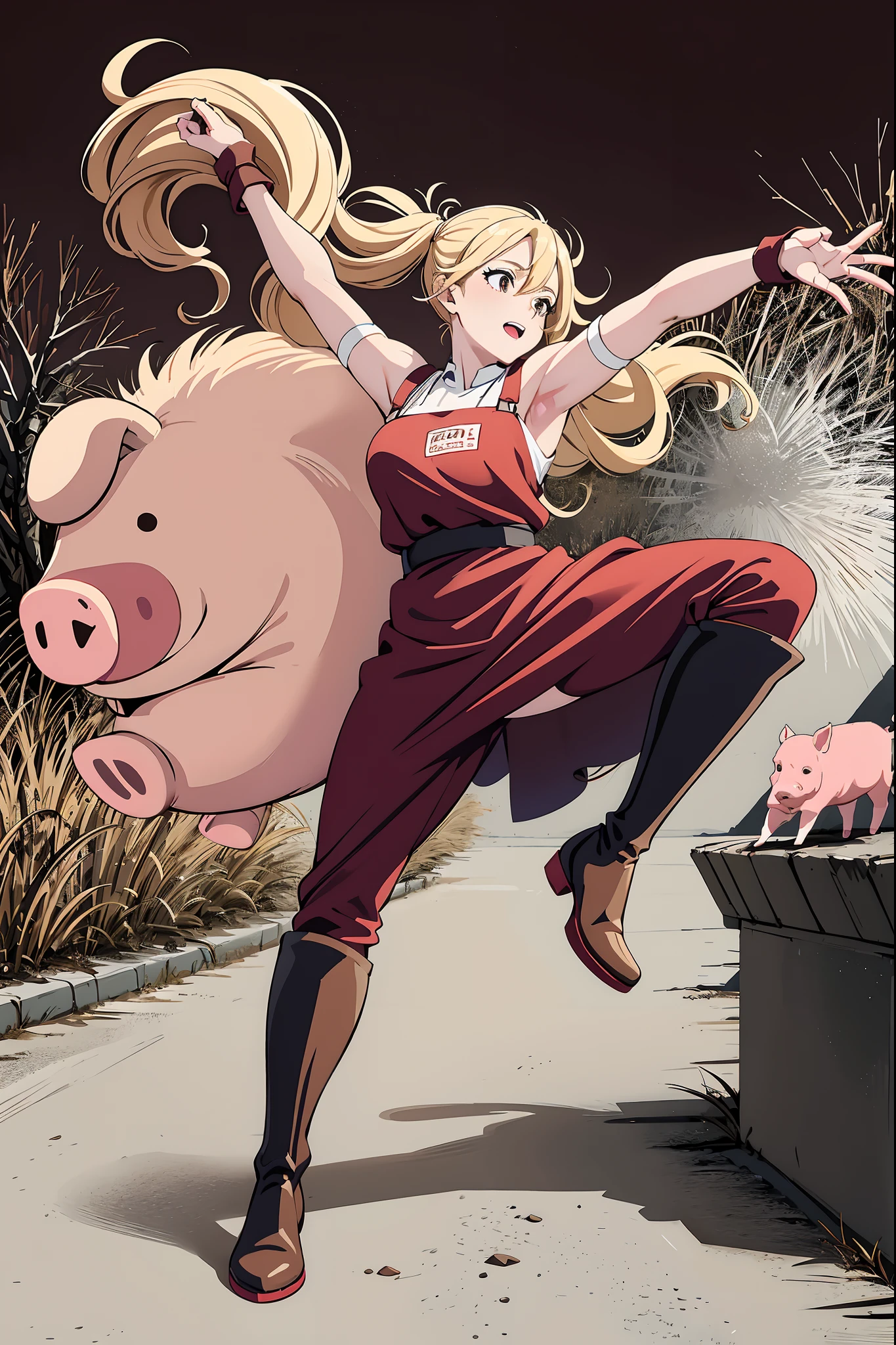 (Best Quality,hight resolution), Livestock killing site, Anatomy, Pigs on the bed, Long rubber gloves up to the shoulders, Rubber Apron, Beautiful girl kicking a pig, White knee-length rubber boots, She has a knife, Overlooking the pig, Full-body view from below, Brutal, Happy beautiful girl walking