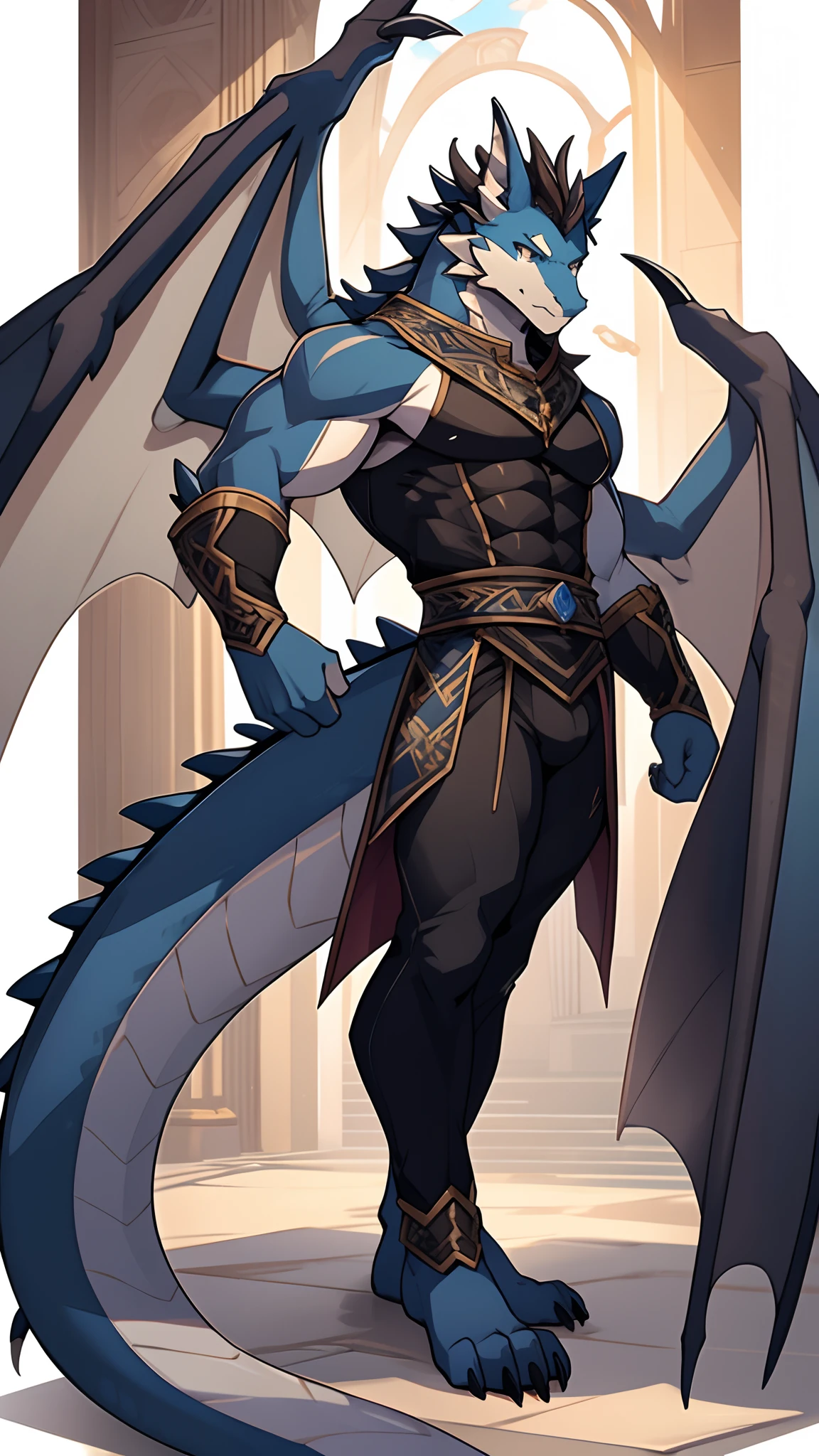 Anthropomorphic male dragon, His body is decorated with luxurious lace underwear, Highlight his muscular body and sharp claws. Wrap his body tightly, Showing the outline of the chest, abdomen, and weapons. His wings, Stretch and Elegance, Delicate lace pattern glitters in the light、dance to tune. dragon'Tail, Long-lasting and powerful, In sharp contrast to the gorgeous clothing. He has a gold nipple ring,Connected with a delicate chain, Drawing attention to his protruding chest,Emphasizes his charming masculinity. dragon'Eyes are attractive, Full of confidence and, Highlight underwear and decorative embellishments. The background of this photo is a luxurious bedroom, Equipped with luxurious furniture and soft, Create an atmosphere of indulgence and sensuality.