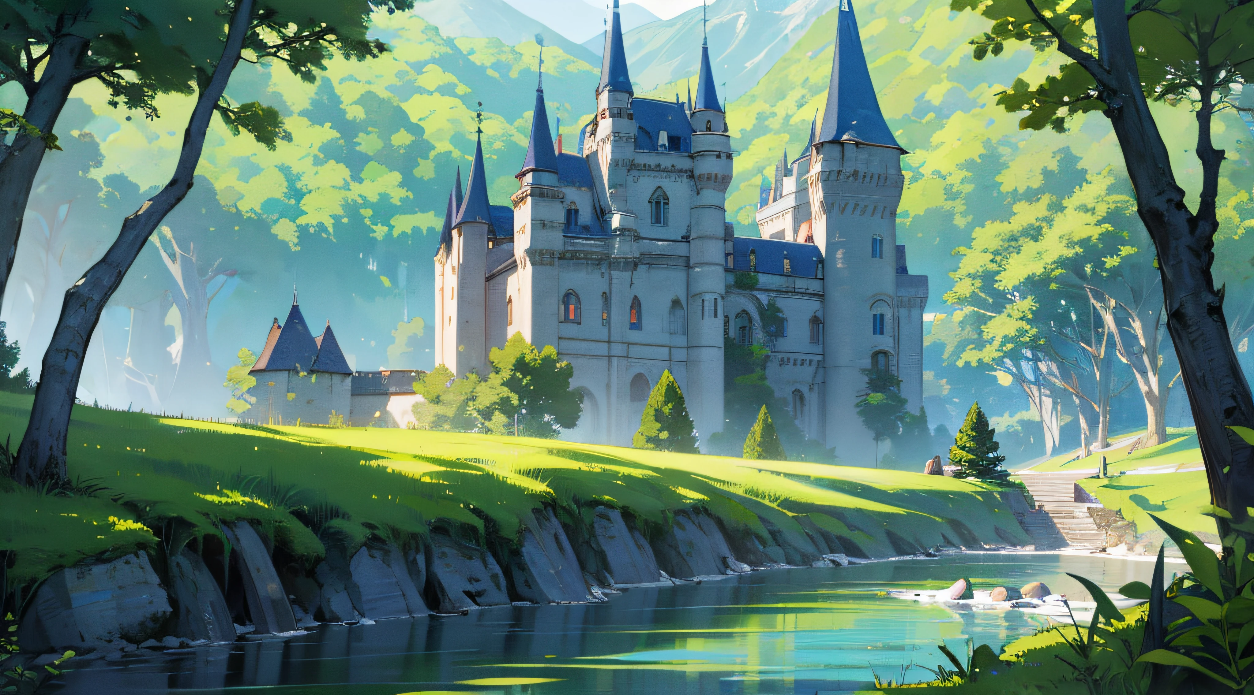 scenery. Castle in the mountains with tall spires and balconies, Calm River, Green forest with berry bushes, Fairytale Creatures