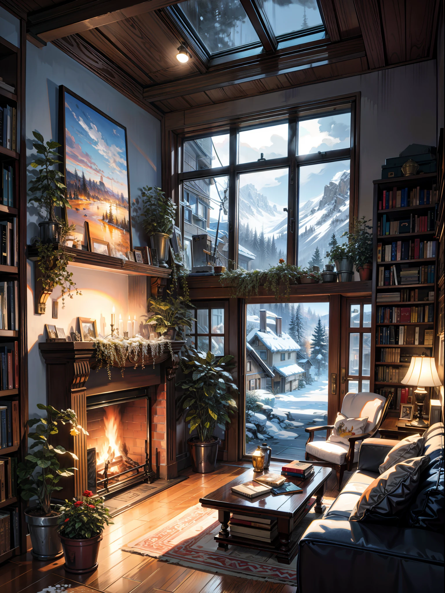 painting of a canada montreal living room, beautiful snowy view, big window, fireplace,sofa,quill,book,rugbeautiful calm lofi vibe,bushes,flowers, residential area,golden hour, snowy night,dusk,4k hd, cloud,beautiful art uhd 4 k, a beautiful artwork illustration, beautiful digital painting, highly detailed digital painting, beautiful digital artwork, detailed painting 4 k, very detailed digital painting, rich picturesque colors, gorgeous digital painting