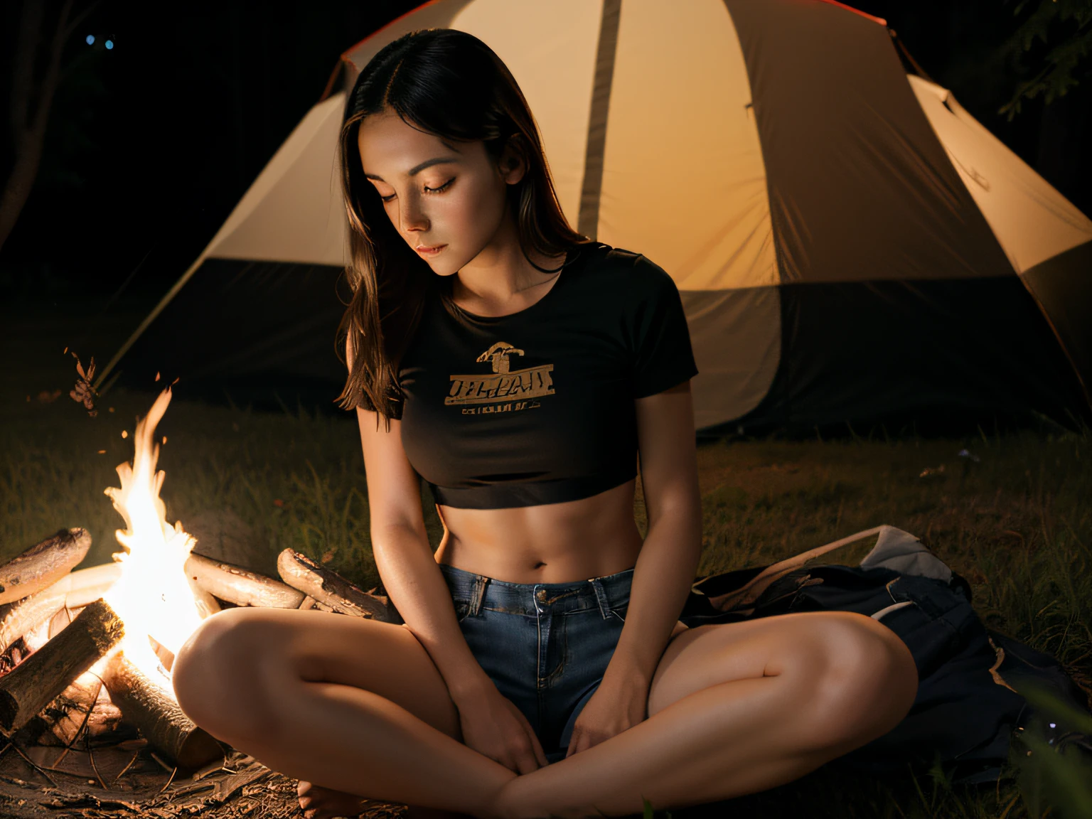 Distance shot, full shot, a beautiful, slim, athletic 26-year-old brunette girl alone in the woods, short shirt, tight shirt, midriff showing, jean shorts, sitting on the ground by a single campfire, solitude, night outdoors, outdoors at night, bathed in the glow of a fire, night time, photo taken at night, summer night, beautifully lit, outdoors , dramatic composition, epic scale, sense of awe, ultra-high res.photorealistic:.1.4, (high detailed skin:1.2), 8k uhd, dslr, high quality, film grain, Fujifilm XT3