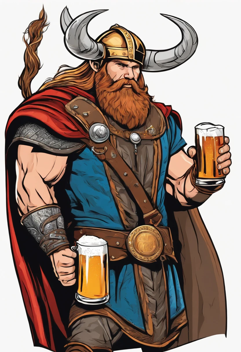 strong viking, using mobile phone, full body, holding a beer mug in his hand, comic book style, vector, thor inspired, clear background, charismatic,