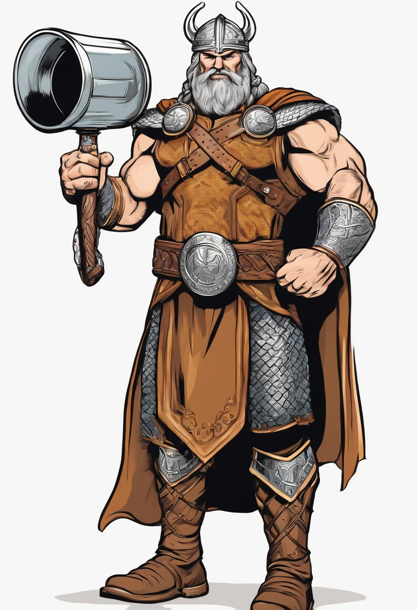 strong viking, using mobile phone, full body, holding a beer mug in his hand, comic book style, vector, thor inspired, clear background, charismatic,