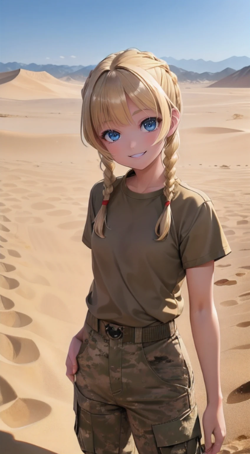 masterpiece, high quality, sand desert on background, (Military personnel:1.5)、(Desert Terrain:1.3), young girl, Smiling, Cute, blue eyes, blonde hair, Bangs hair, Hairstyle with 2 braids, looking up at the camera, Military camouflage pants, Brown-beige T-shirt