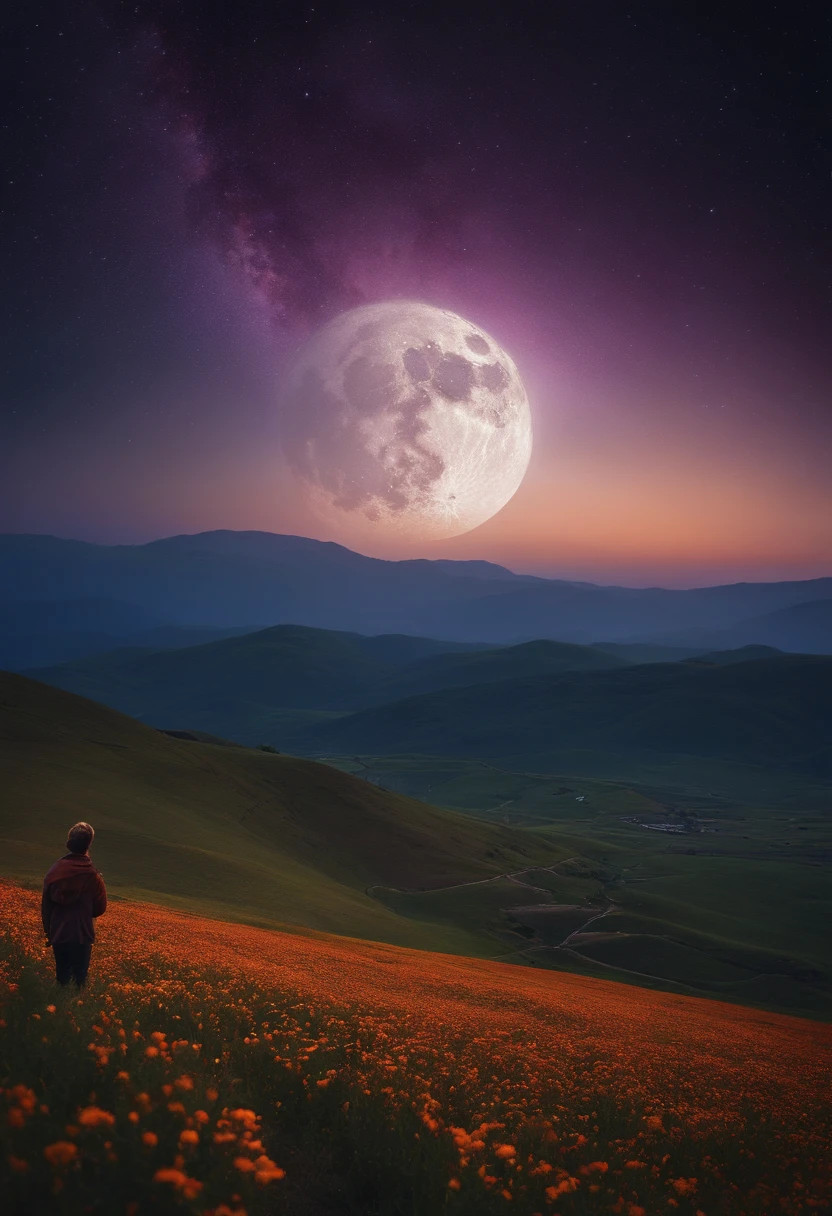 Vast landscape photos, (From below, Upper air, open fields below), Boy standing in a flower field and looking up, (fullmoon: 1.2), (Meteor: 0.9), (nebulas: 1.3), mountain in the distance, Tree BREAK making art, (Warm light source: 1.2), (firefly: 1.2), abajour, lot of purple and orange, Intricate details, Volumetric Lighting BREAK (masutepiece: 1.2), (Best Quality), 4K, ultra-detailliert, (dynamic compositions: 1.4), Detailed, Colorful, (iridescent: 1.2), (Glow, Atmospheric lighting), Dreamy, Fantastic, (Solo: 1.2)