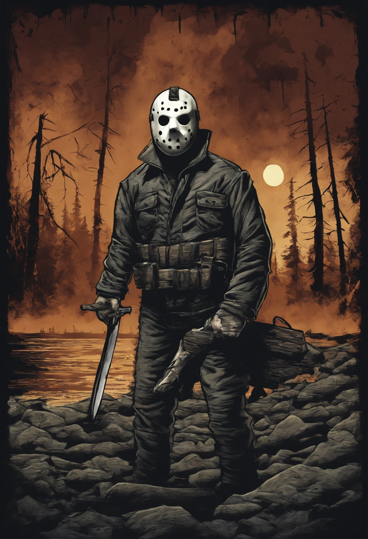 Create a playful and cartoonish t-shirt design showcasing Jason Voorhees in a comical slasher showdown. Depict Jason in his signature hockey mask and tattered clothing, but give him an exaggerated, larger-than-life appearance. You can emphasize his muscular physique and height to add a humorous twist. Surround Jason with humorous elements like exaggerated weapons, such as an oversized machete or comically scary props like a rubber duck or a giant slice of pizza.
Incorporate a camp setting with elements like a lakeside cabin or a campfire to reference the iconic Friday the 13th theme. Add other characters or victims in the scene, also depicted in a cartoon style, reacting in funny and exaggerated ways to the impending danger. Consider adding humorous speech bubbles or comic-style sound effects to enhance the playful tone.
Use vibrant colors and bold outlines to give the design a distinct cartoonish look. You can also add humorous details like wacky facial expressions or exaggerated body movements to add to the comedic effect. Remember, the goal is to create a fun and light-hearted take on the character while still paying homage to the Friday the 13th franchise.