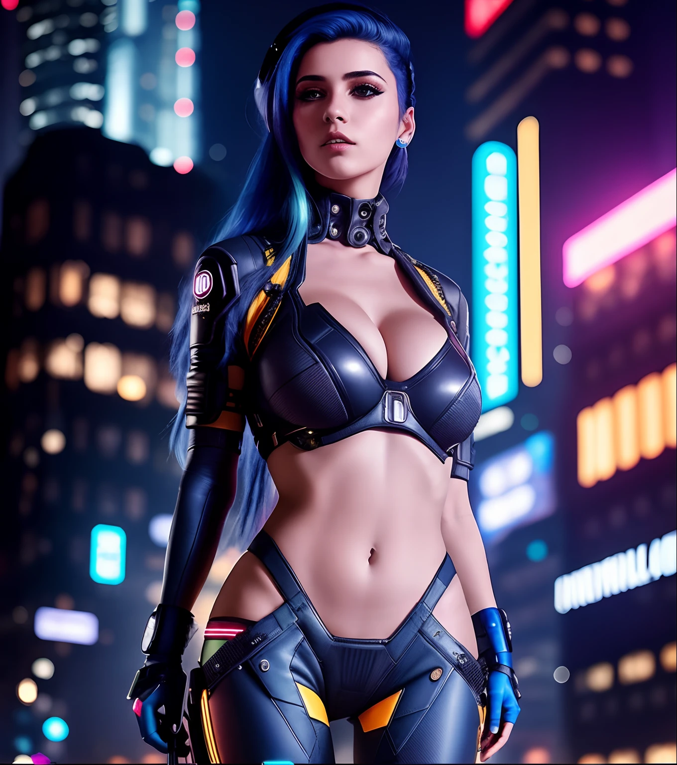 uma mulher com uma roupa futurista posando na cidade, Cyberpunk, modelo menina, cyber suit, Hair up to the waist, cabelo azul roxeado, traje azul escuro com detalhes em laranjas