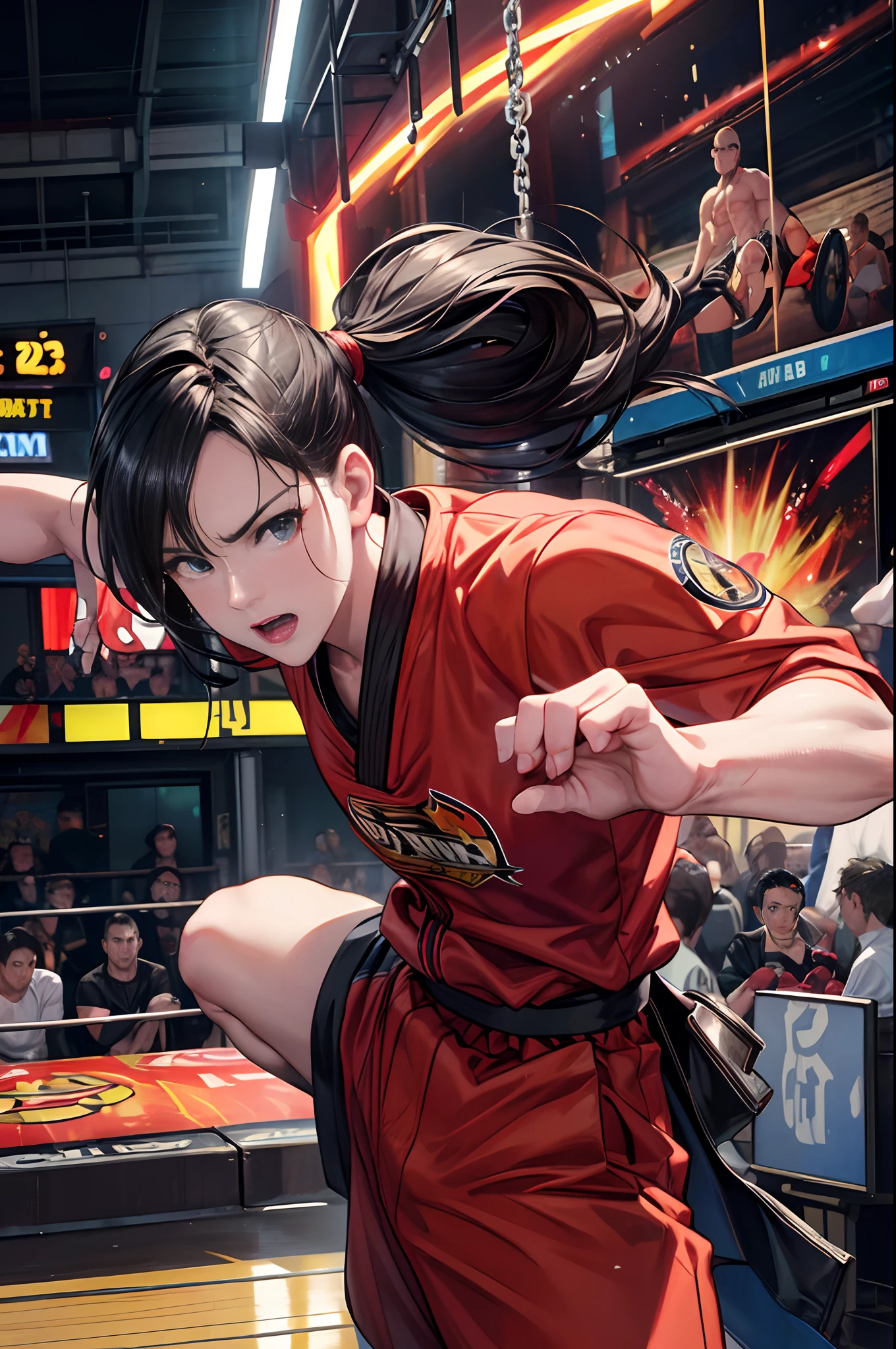 Best quality,4K,8K,A high resolution,Masterpiece:1.2,Ultra-detailed,(Realistic,Photorealistic,photo-realistic:1.37),Oil painting,classic,surrealism,Vivid colors,Sharp focus,KOF97 game,actionpacked,fighting game,Famous characters,rippling muscles,intense energy,Anime influence,facial expressions,Body slamming and martial arts moves,Competitive spirit,Engaging storyline,Arcade cabinets,crowd cheering,Street fight scene,Dynamic camera angles,Epic battles,colorful background,Role selection screen,Dramatic lighting,fire and explosions,Fast-paced gameplay,Unique special moves,Combos and chain attacks,Score counter,Endless entertainment,A moment of suspense,Final victory.