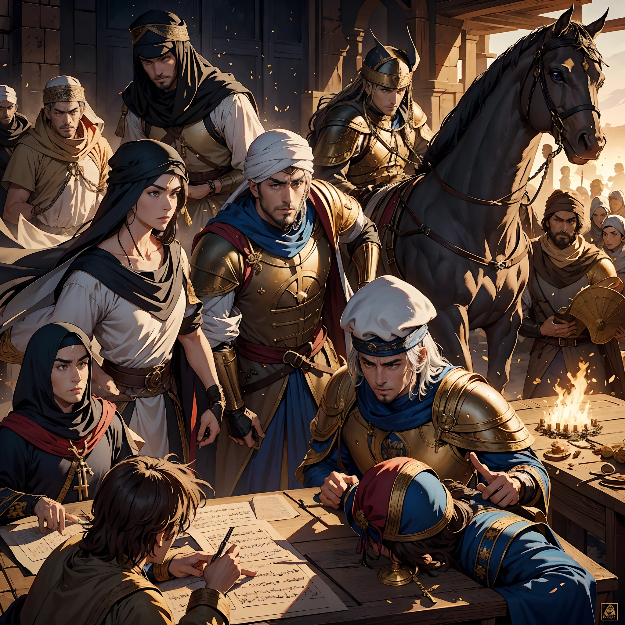 The Fascinating History of a Medieval Moroccan Islamic War, hokuto no ken style Highlighting key battles, Strategies, and the heroes who emerged during this historic conflict. Donner vie au courage, determination, and the cultural significance of this war, Draw the reader into the epic battlefield drama and its impact on the story."Super Réaliste Super Détaillé super detailed faces hyper realistic expressions correct Anatomy