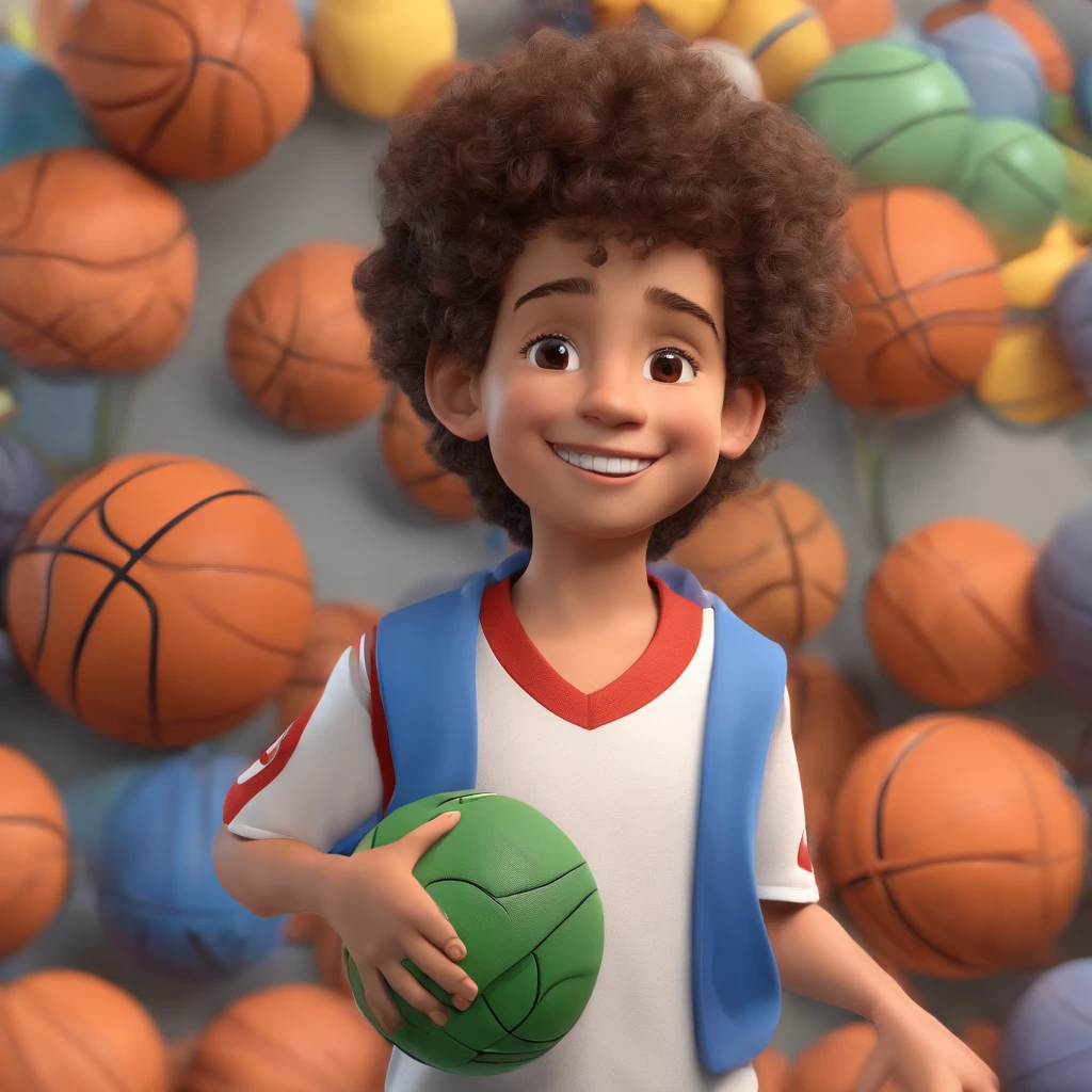 , curly hair, cute smile, brown eyes,
basketball outfit, disney pixar 3d cartoon
