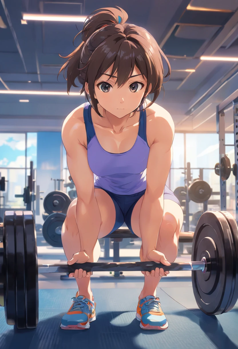 A anime girl performs a lateral squat while holding a dumbbell in a fitness studio. She has a determined expression and is dressed in a sleeveless top and shorts. Equipment, including a rack of dumbbells, is visible in the background. Text overlays provide instructions for proper squat form. The scene is bright with large windows letting in natural light.