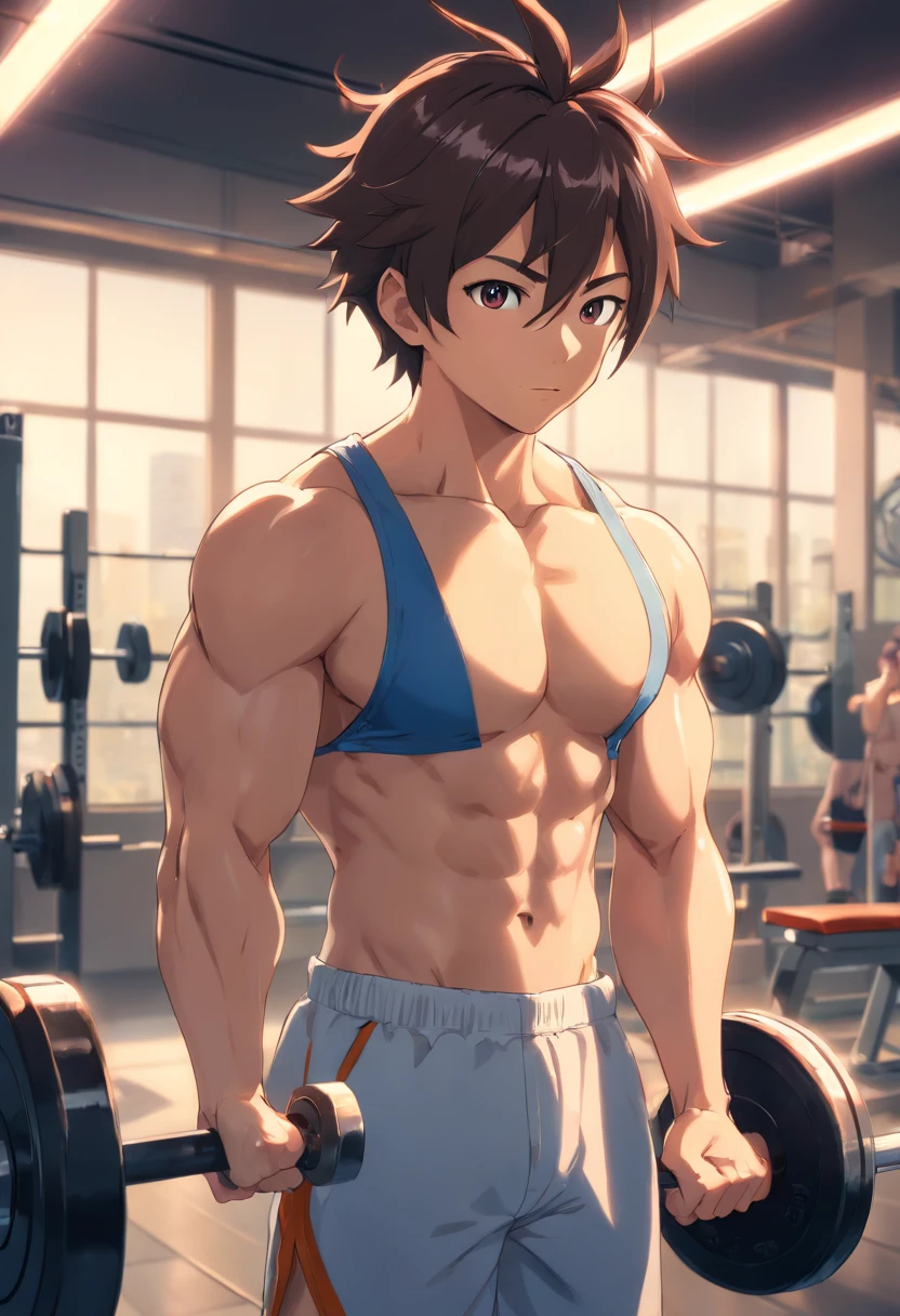 (Best quality,Ultra-detailed,Photorealistic:1.37),Wukong,strong muscular body,Unleash great power,lifting weights,muscular definition,Many bulging veins,Sweat dripping,Training intensity,BODY IN MOTION,High physical requirements,Heavier barbells and dumbbells,Focus and determination,Fitness instructors provide advice,The mirror reflects Goku's progress,Vivid colors,Studio lighting,Weight and strength training,Endurance and endurance training,Dumbbell curls,Squat with a barbell,Bench press exercises,Fitness equipment,Exhaustion and perseverance,Vibrant fitness environment,Inspirational music playing in the background.