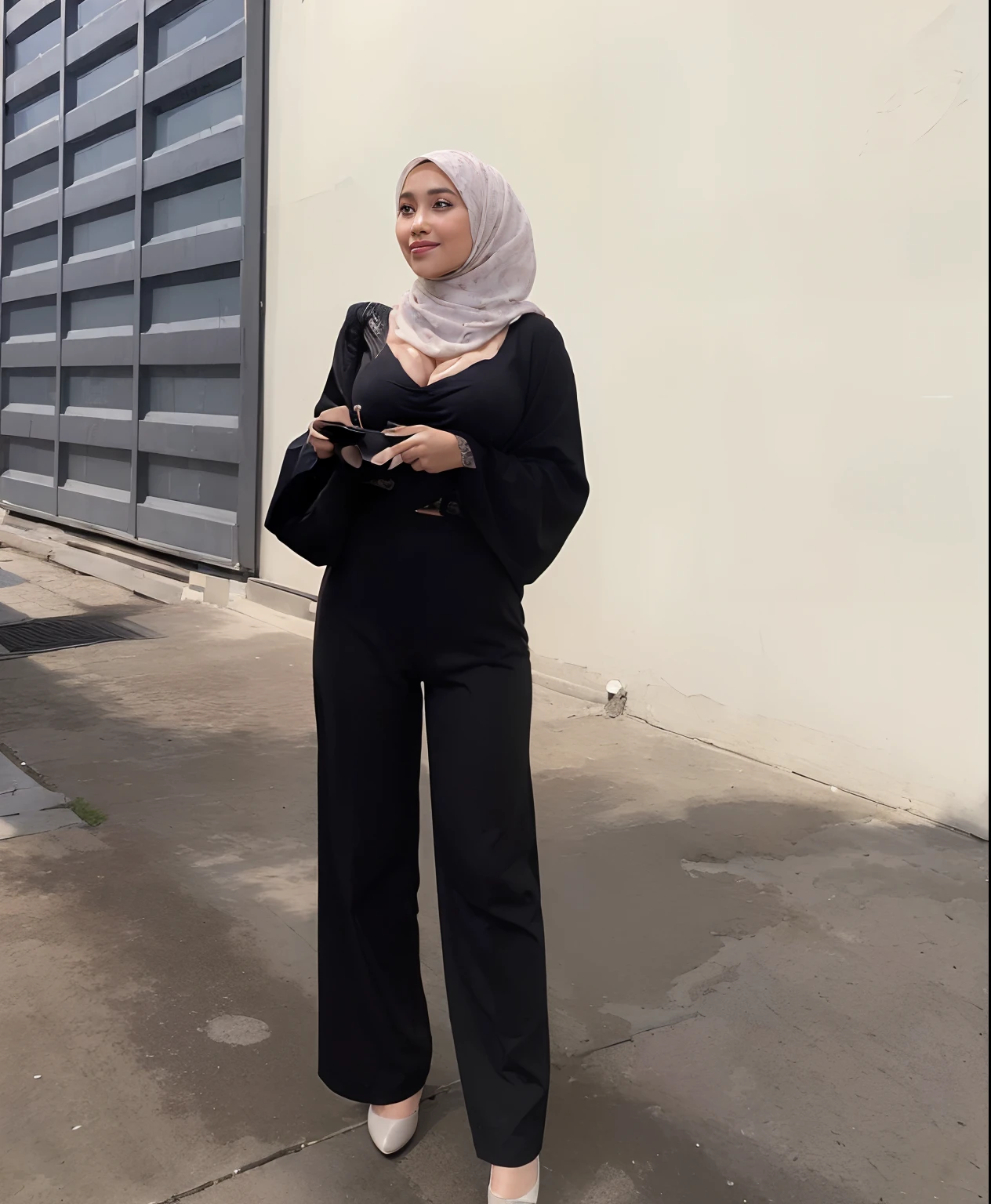 ((Best quality, 8k, Masterpiece :1.3)), 1girl, beautiful woman with emphasis on slim abs: 1.3, (hijab, big breasts: 1.2), casual wear: 1.2, interior, ultra-detailed face, delicate eyes, double eyelids, soft breasts, smile, exposed cleavage
