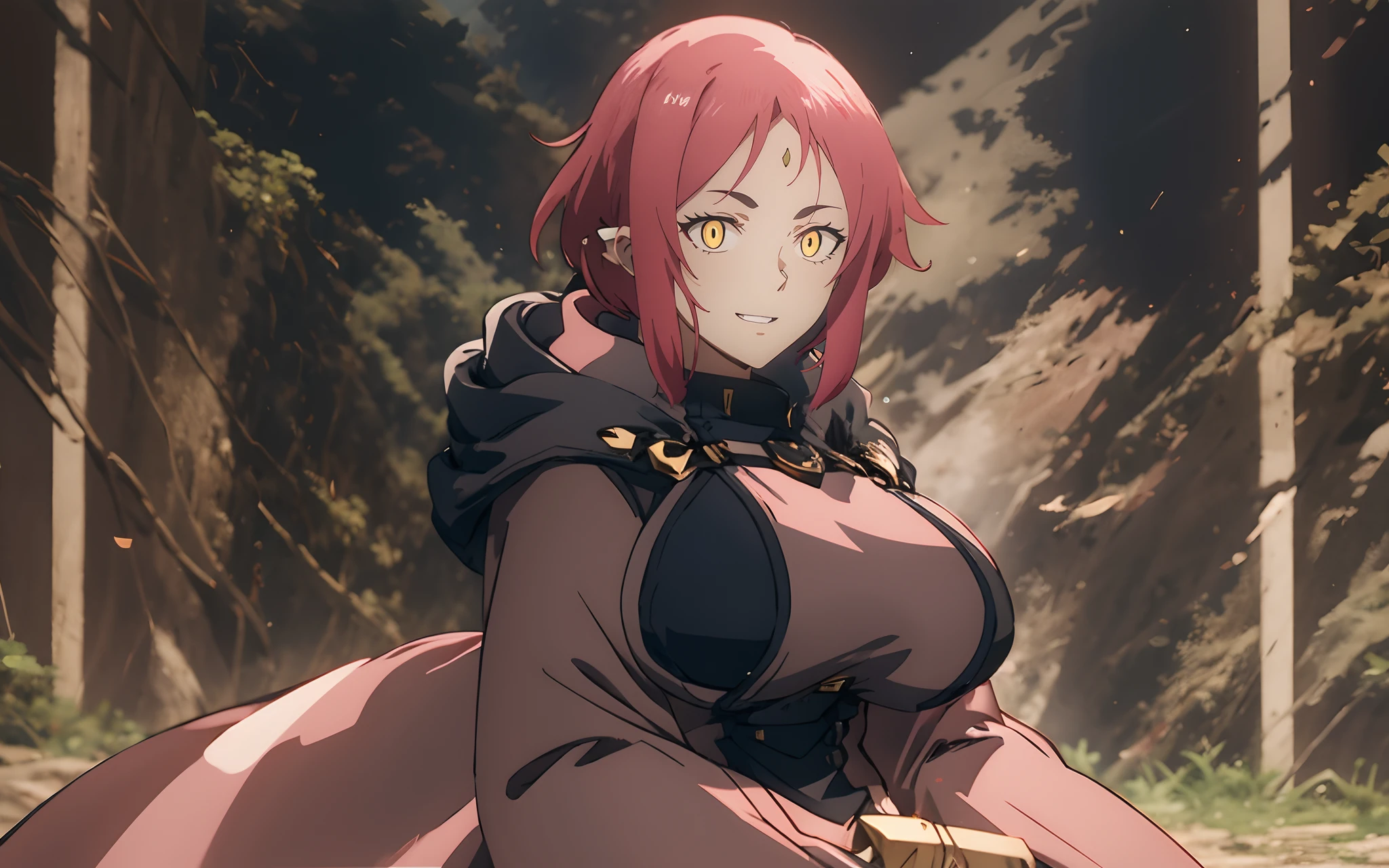 Wolbach from Konosuba, (short hair, pink hair:1.5), yellow eyes, pointy ears, sweating, glowing eyes, heavy breathing, female focus, 1girl, breasts, gloves, large_breasts,  uniform, solo, cape, black_gloves, long_sleeves, buttons, parted_lips, upper_body, military_uniform, military, aiguillette, looking_at_viewer,  lips, double-breasted, closed_mouth, "glow effects, godrays, Hand drawn, render, 8k, octane render, cinema 4d, blender, dark, atmospheric 4k ultra detailed, cinematic, Sharp focus, big depth of field, Masterpiece, colors, 3d octane render, 4k, concept art, trending on artstation, hyperrealistic, Vivid colors, extremely detailed CG unity 8k wallpaper, trending on CGSociety, Intricate, High Detail, dramatic", anime coloring, anime screencap, sweating, steaming body, fog