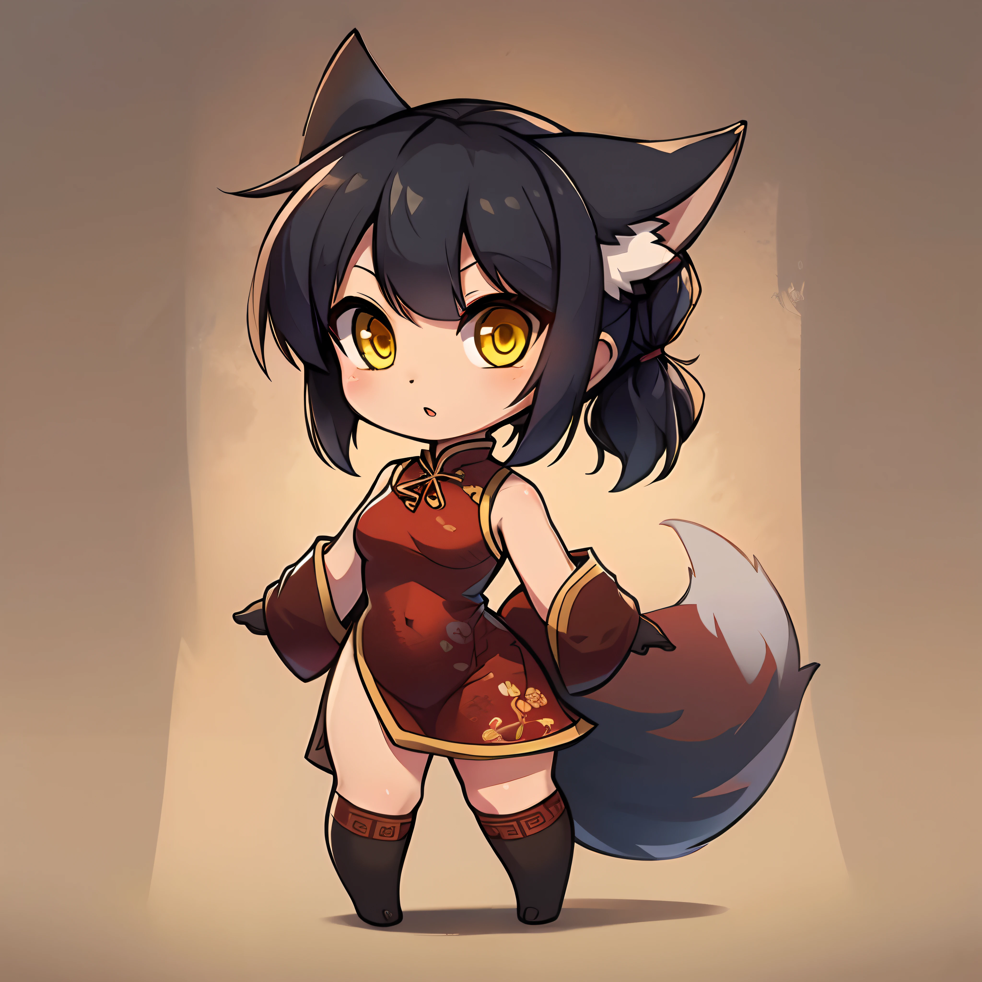 Black ponytail, yellow eyes, fox ear, chinese dress, stocking, chibi