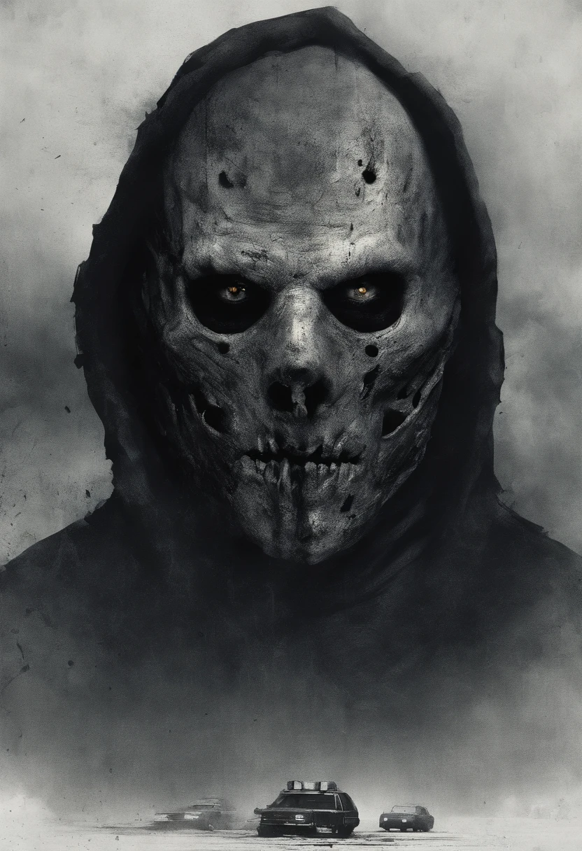 waist up, very old, half of the face deformed and melted, scary, dirty, beggar, monster, short gray hair, pale and wrinkled skin, sparse beard, yellowish pupils, hunched posture, penetrating and evil gaze, torn clothes, cloak with raven feathers on the back, body covered with bands and hood, fog, dark gas station, horror, fear, scary, suspense, mysterious jayson of friday the 13th movie