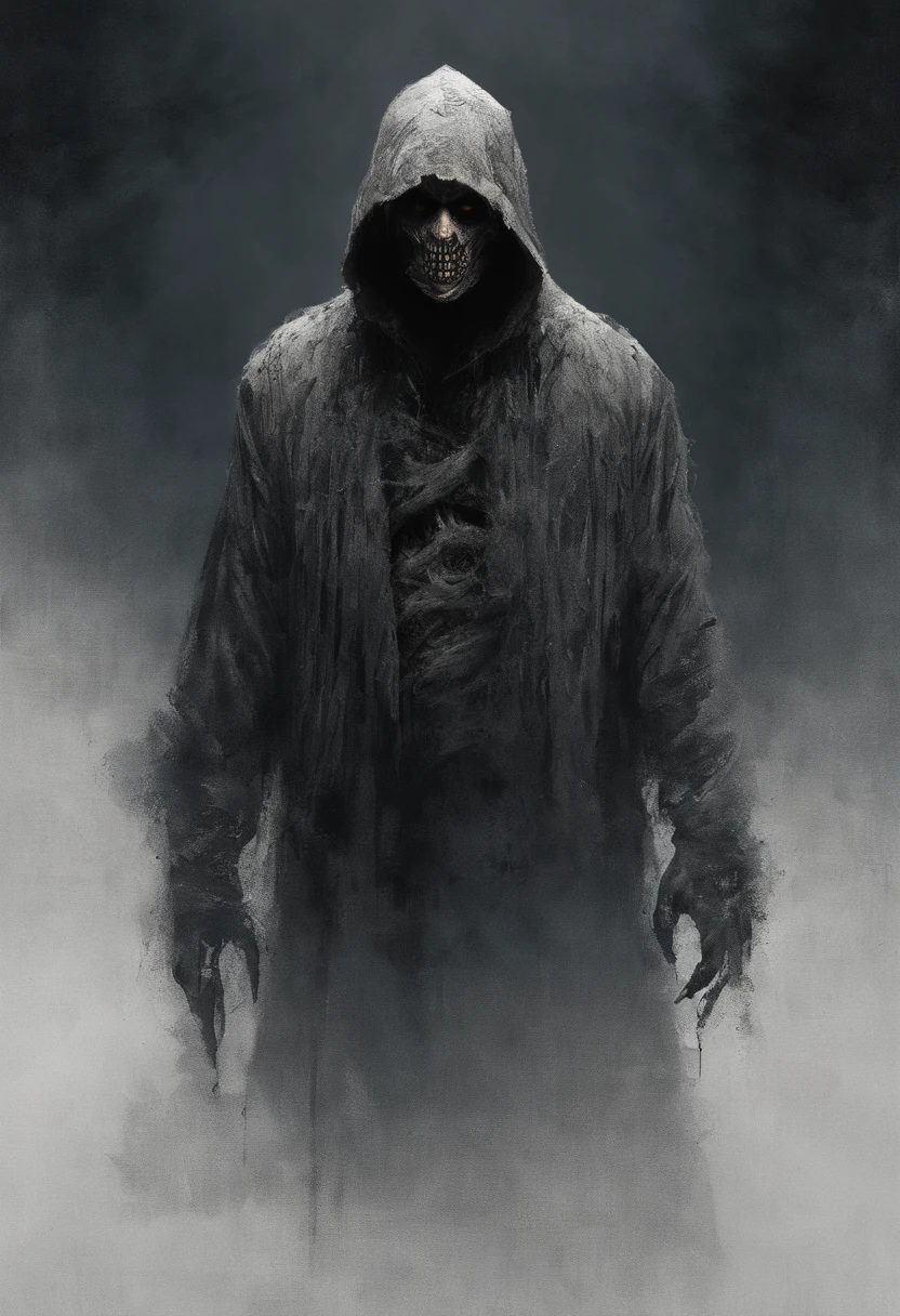 waist up, very old, half of the face deformed and melted, scary, dirty, beggar, monster, short gray hair, pale and wrinkled skin, sparse beard, yellowish pupils, hunched posture, penetrating and evil gaze, torn clothes, cloak with raven feathers on the back, body covered with bands and hood, fog, dark gas station, horror, fear, scary, suspense, mysterious jayson of friday the 13th movie